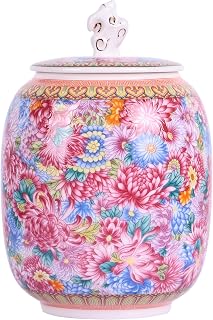 Elegant Enamel Ginger Jar with Lid - Decorative Chinoiserie Ceramic Jar for Storage, Home Decoration and Vase - Colorful Floral Design or Red Goldfish Pattern (Flowers)