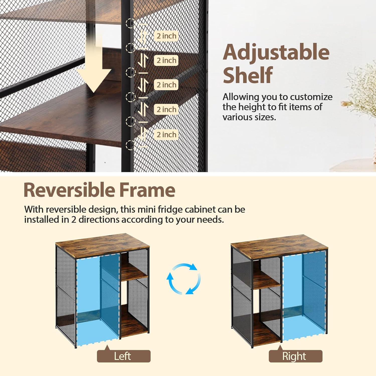 Mini Fridge Cabinet with Storage, 3-Tier Mini Fridge Shelf Microwave Stand Table Baker Rack, Utility Storage Shelf Fridge Stand for Kitchen Home Office, Vintage Wood