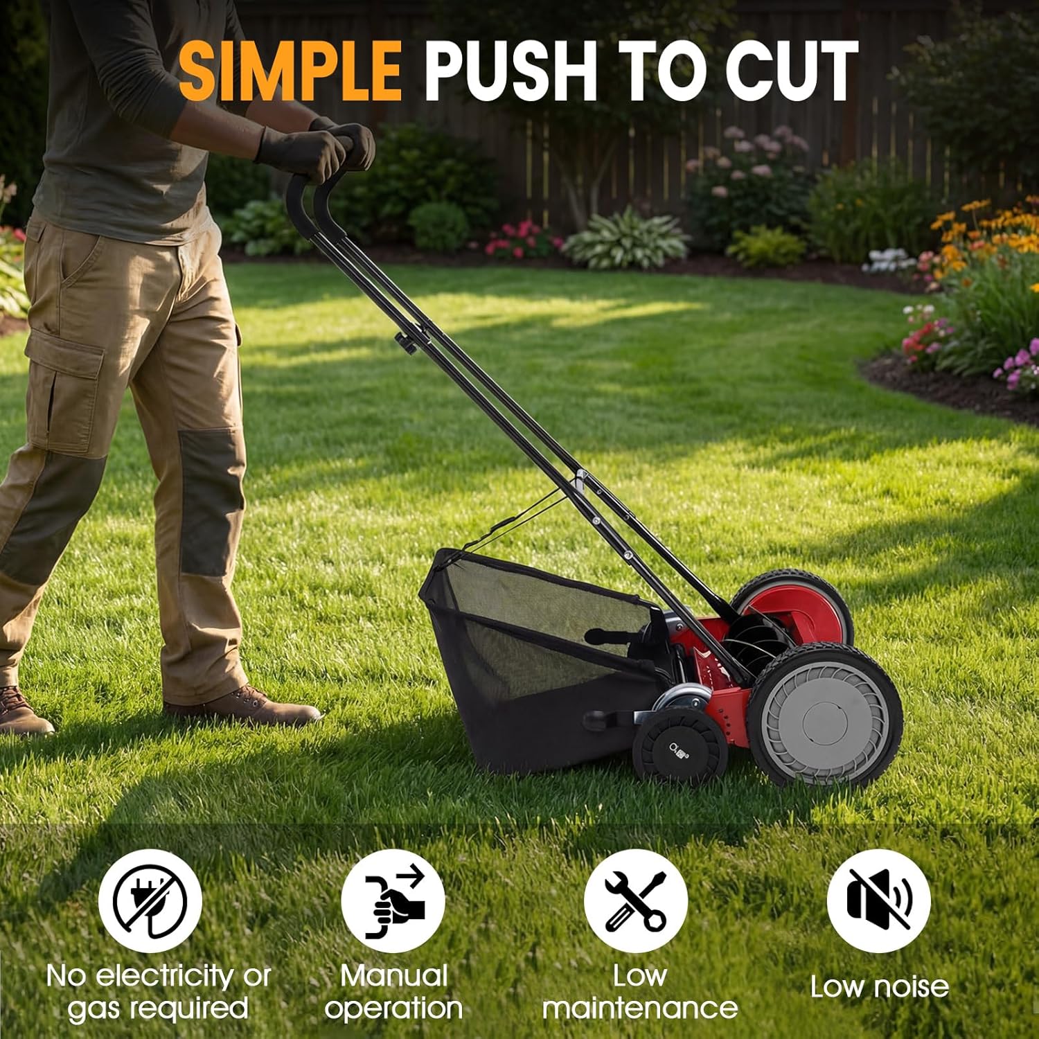 Goplus 18 Inch Push Reel Lawn Mower, 5-Blade Manganese Steel Manual Grass Cutter, 4-Position Adjustable Height, Removable Grass Catcher, Quiet No-Motor Walk-Behind Mower for Yard, Lightweight