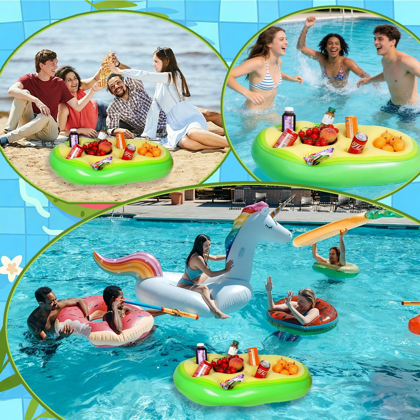 Soporte inflable para bebidas 2 en 1, bar inflable y bandeja de aperitivos con 8 agujeros, gran capacidad, soporte flotante para fiestas, piscina, playa y jacuzzi Soporte inflable para bebidas 2 en 1, bar inflable y bandeja de aperitivos con 8 agujeros, gran capacidad, soporte flotante para fiestas, piscina, playa y jacuzzi
