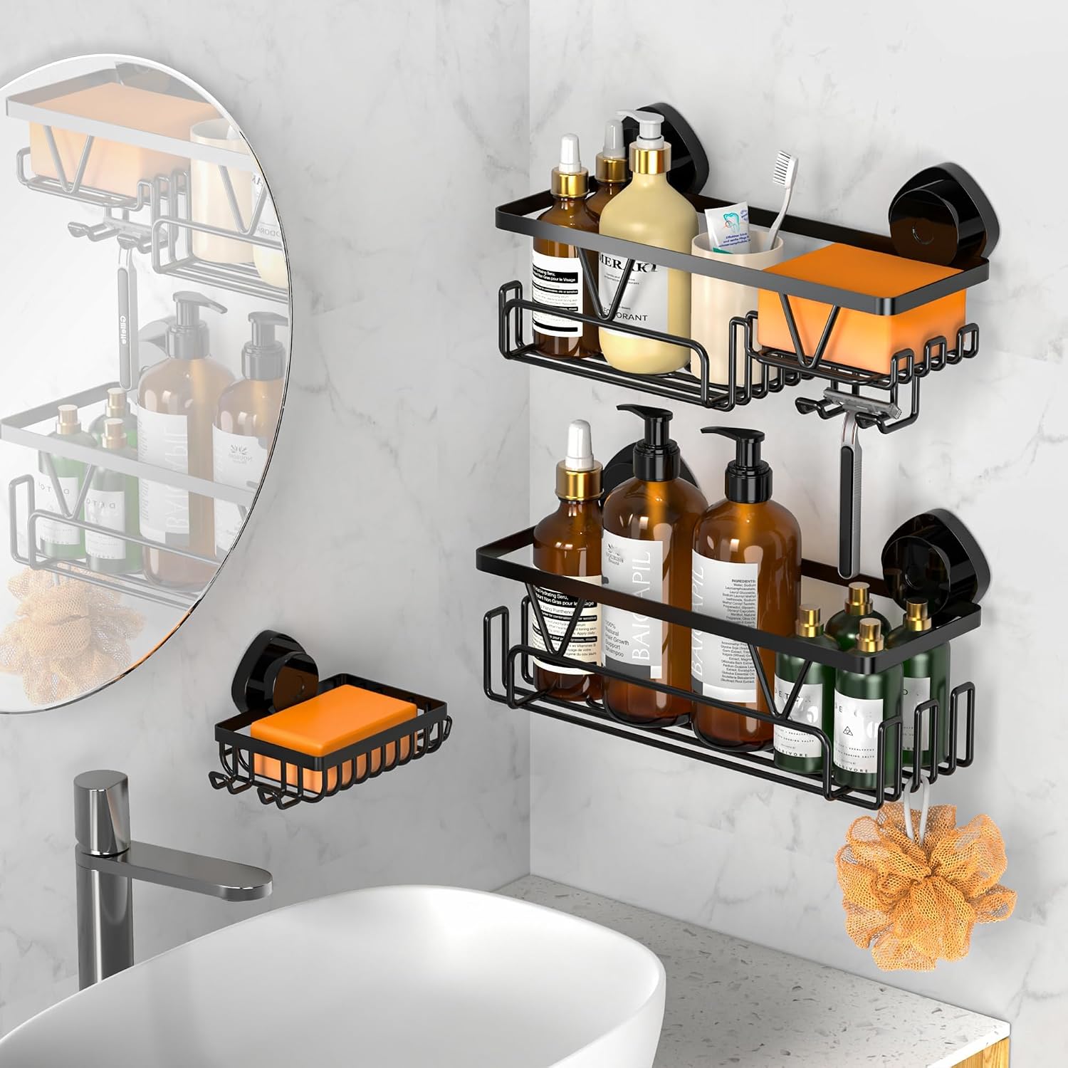 KEGII Suction Cup Shower Caddy, 3 Pack Bathroom Organizer, Matte Black