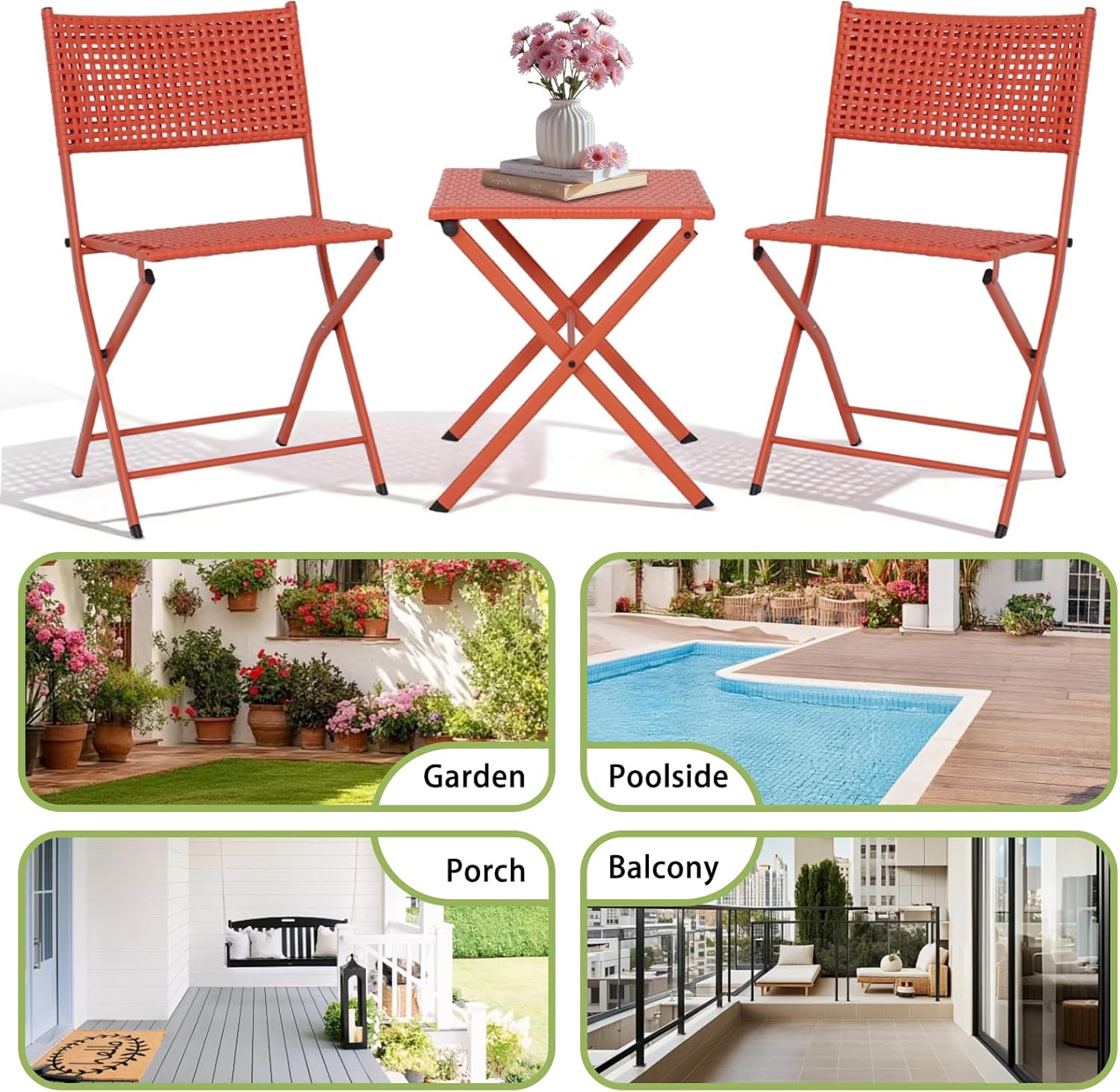 Patio 3 Piece Folding Bistro Set Premium Steel Outdoor Furniture Portable Rust-Resistant Patio Table & Chairs for Balcony Garden Bistro, Orange