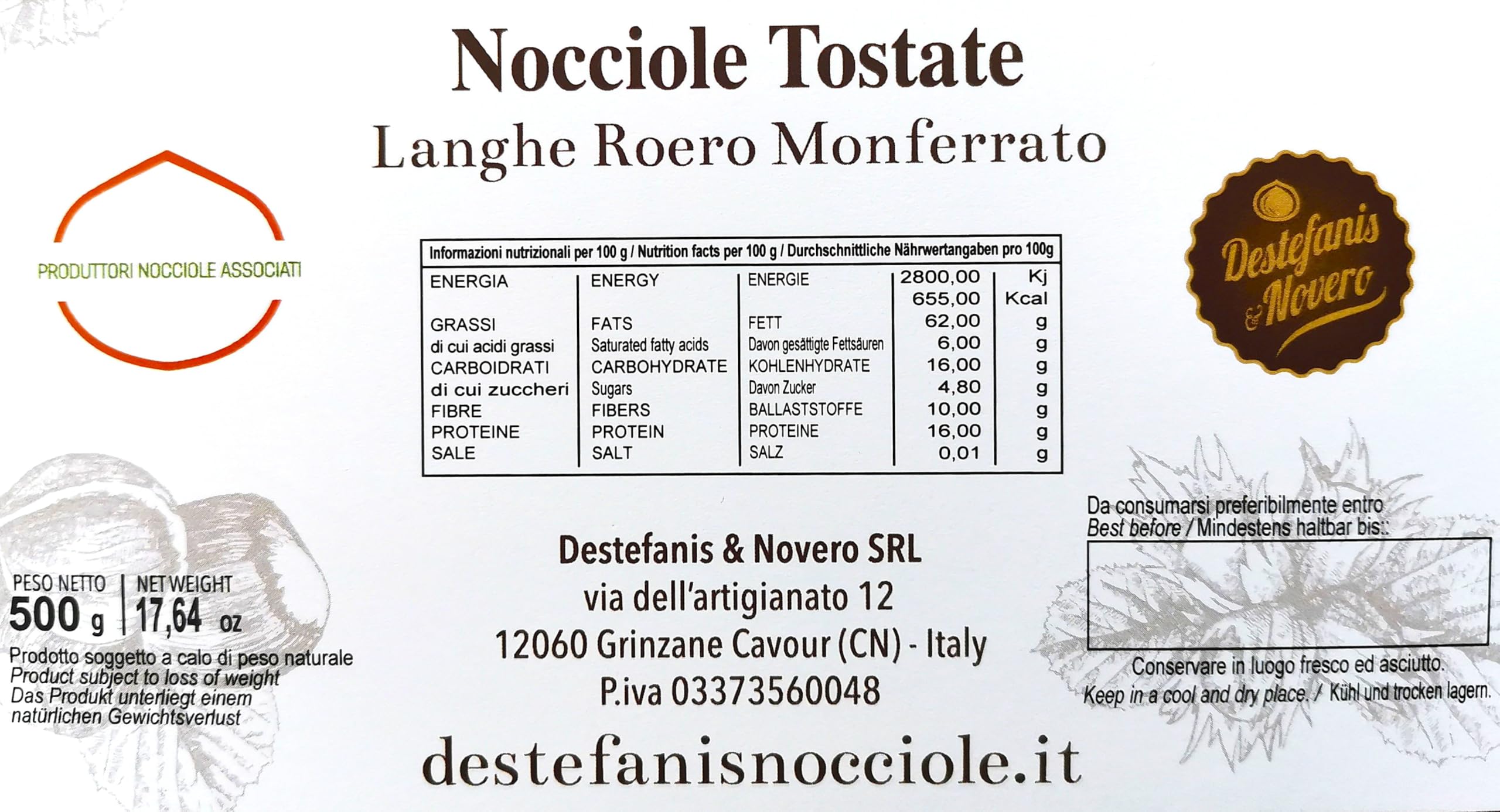 Destefanis & Novero | Avellanas de Piamonte Tgt tostadas y peladas, nutritivas y saludables con un 100% de avellanas, fuente de vitaminas y fibra, merienda y desayuno perfecto, 500g
