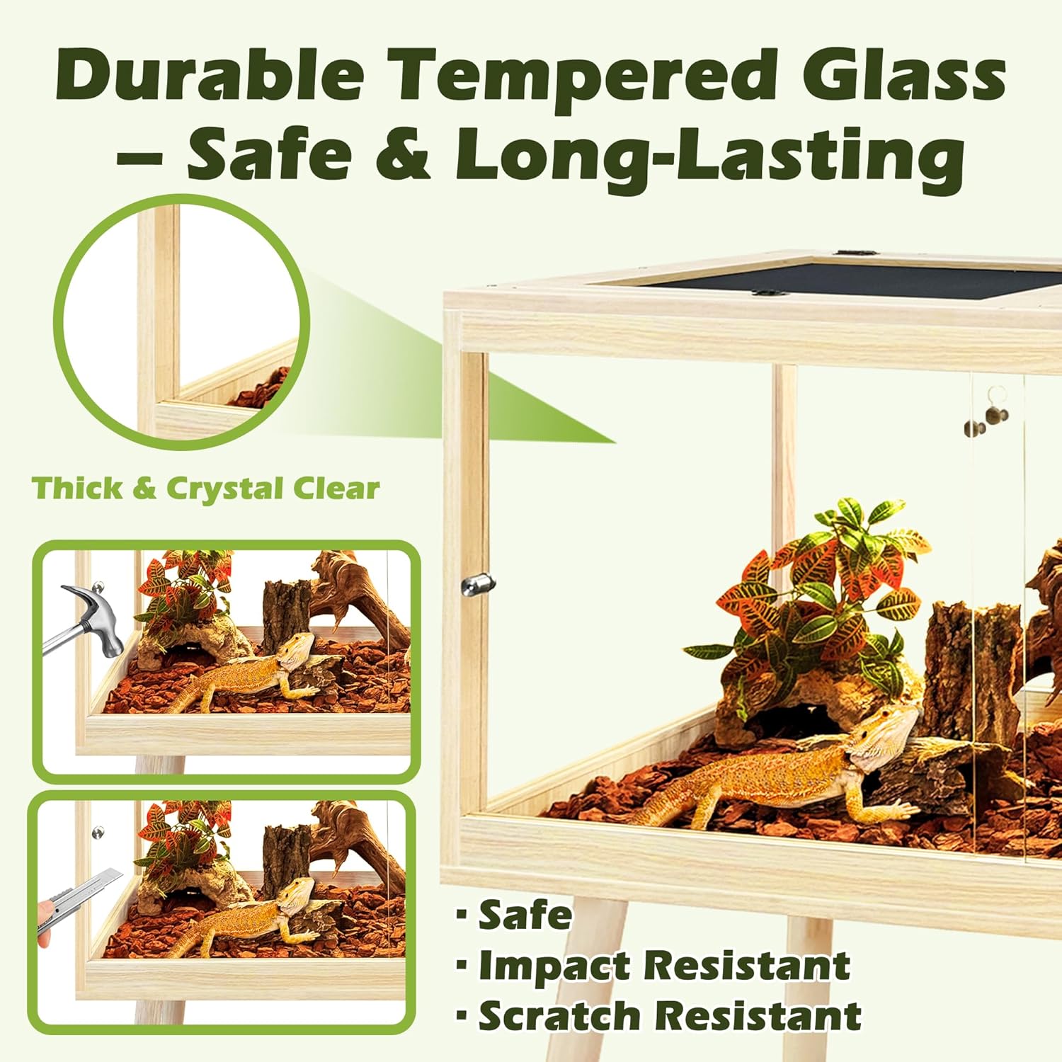 PROLEE Bearded Dragon Tank with Leg, 30 Gallon Tempered Glass Lizard Tank, Reptile Enclosure with Metal Mesh and Lockable Door, Reptile Tank for Snakes,Chameleon (Oak, 24x15.5x15.5 Inch)