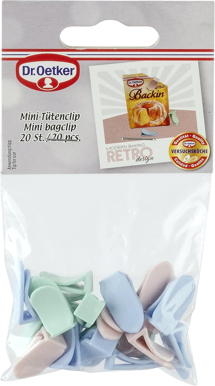 Dr. Oetker 1027 Retro Plastic Pack of 20 Mini Bag Clip – 24 x 12 mm, Pink/Green/Blue, 2 – 4 x 1, 2 x 0.5 cm, 20 Units