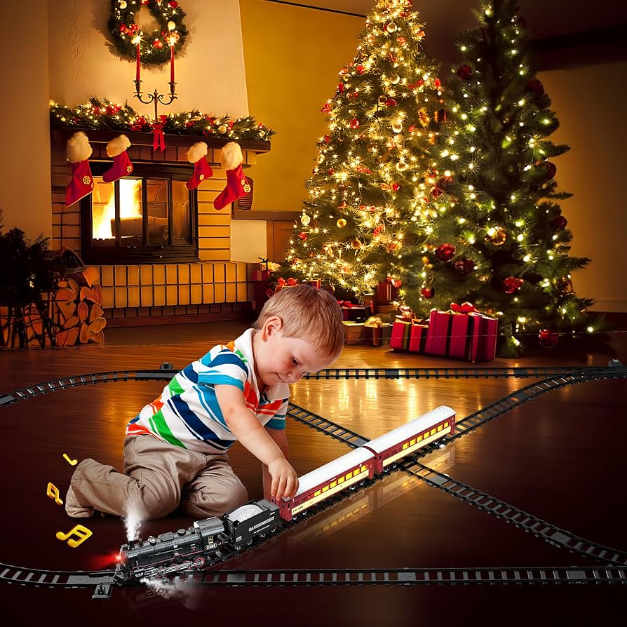 Hot Bee Train Set, Remote Control Train Toys With Luxury Tracks, Christmas Train Sets For Around The Tree,Toy Train With Smokes, Lights & Sound,Model Train Set For 3 4 5 6