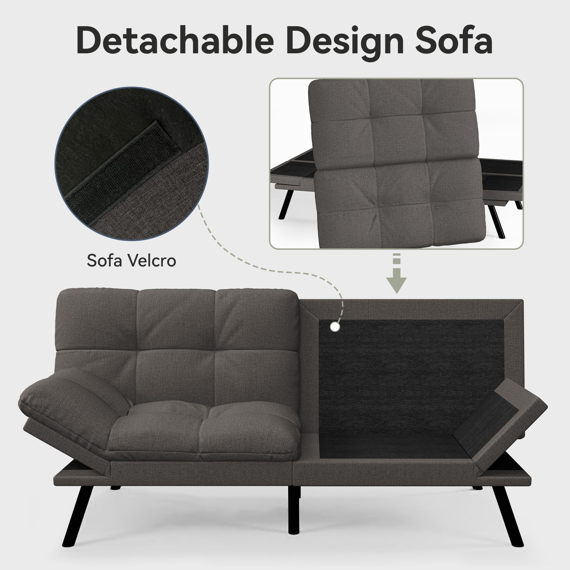 Convertible Futon Sofa Bed,Grey Linen Modern Futon Couch,Memory Foam Loveseat Sleeper Recliner,Detachable Cushion,Adjustable Backrest & Armrest,Couch for Living Room,Office,Apartment