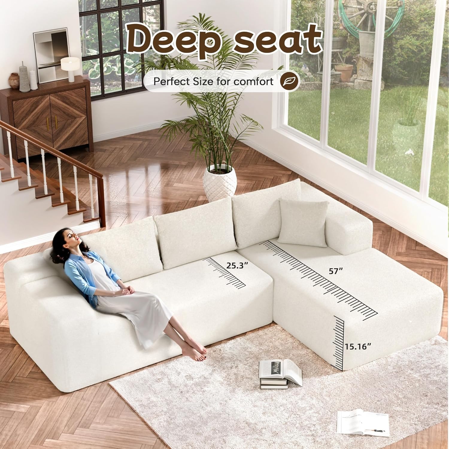 L-Shape Cloud Sectional Sofa, 104” Modern Modular Boneless Couch with Left Chaise Lounge, Compressed Floor Sofa with 5 Pillows & Deep Seat, Rain Drop Velvet Couch for Living Room, Beige
