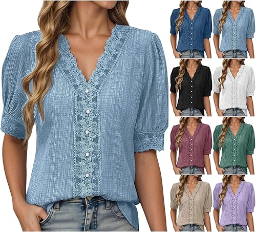 TRCELECTROP Button Up Shirts for Women Lace Trim Puff Sleeve Textured Tunic Shir