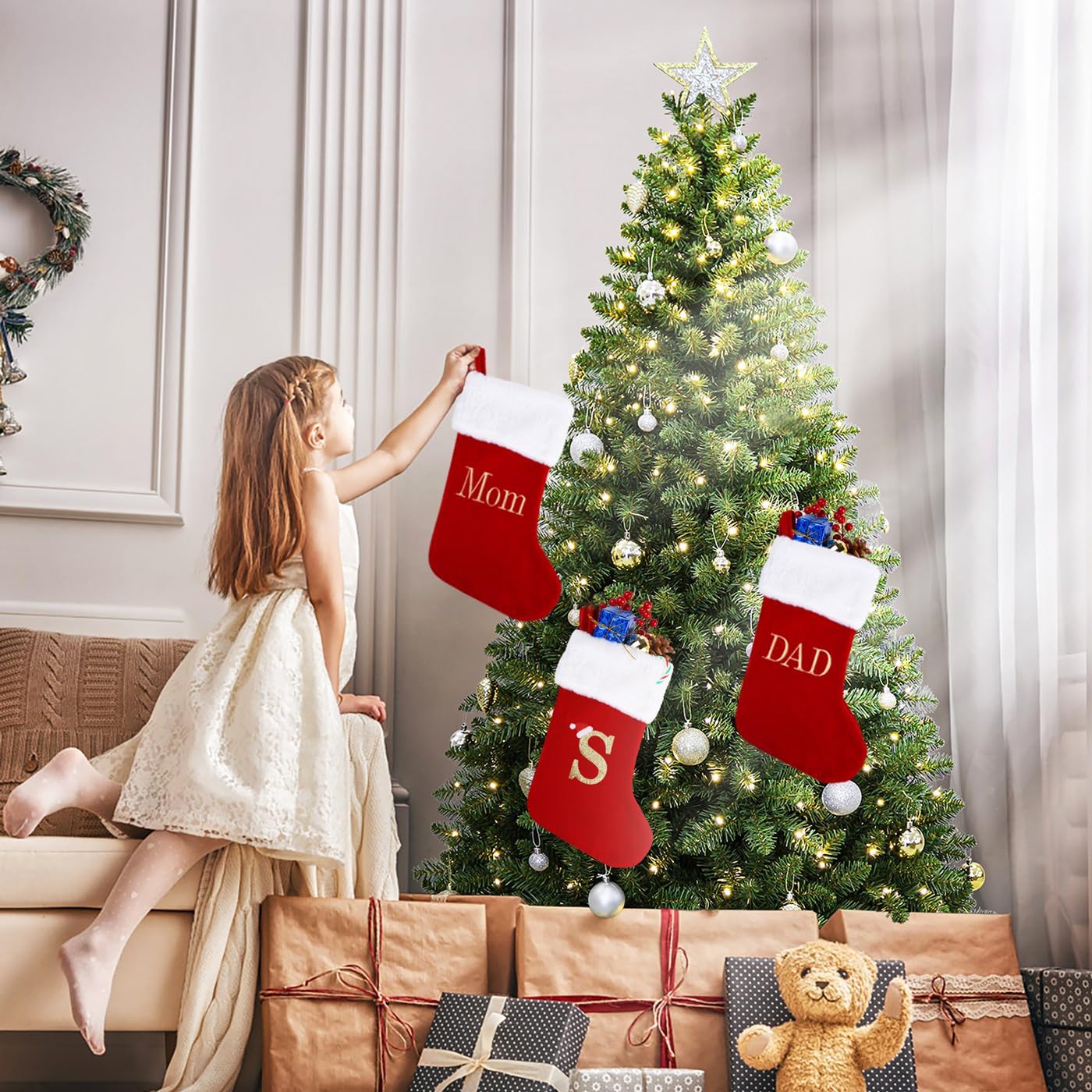 20 Inches Monogram Christmas Stockings with Mom Letters, Large Super Soft Christmas Stockings Red Velvet with White Super Soft Plush Cuff for Christmas Xmas Tree Holiday Fireplace - Image 7