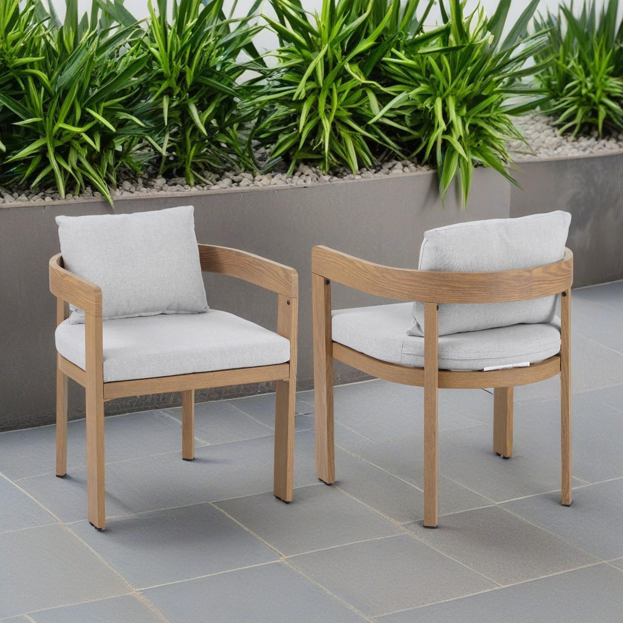 Christopher Knight Home Aluminum Dining Chair Set of 2, Armchairs with Cushions, Barrel Accent Chair, Wood-Like Finish, Comfy Seating Kitchen Side Chair Set for Balcony, Backyard, Garden, Teak