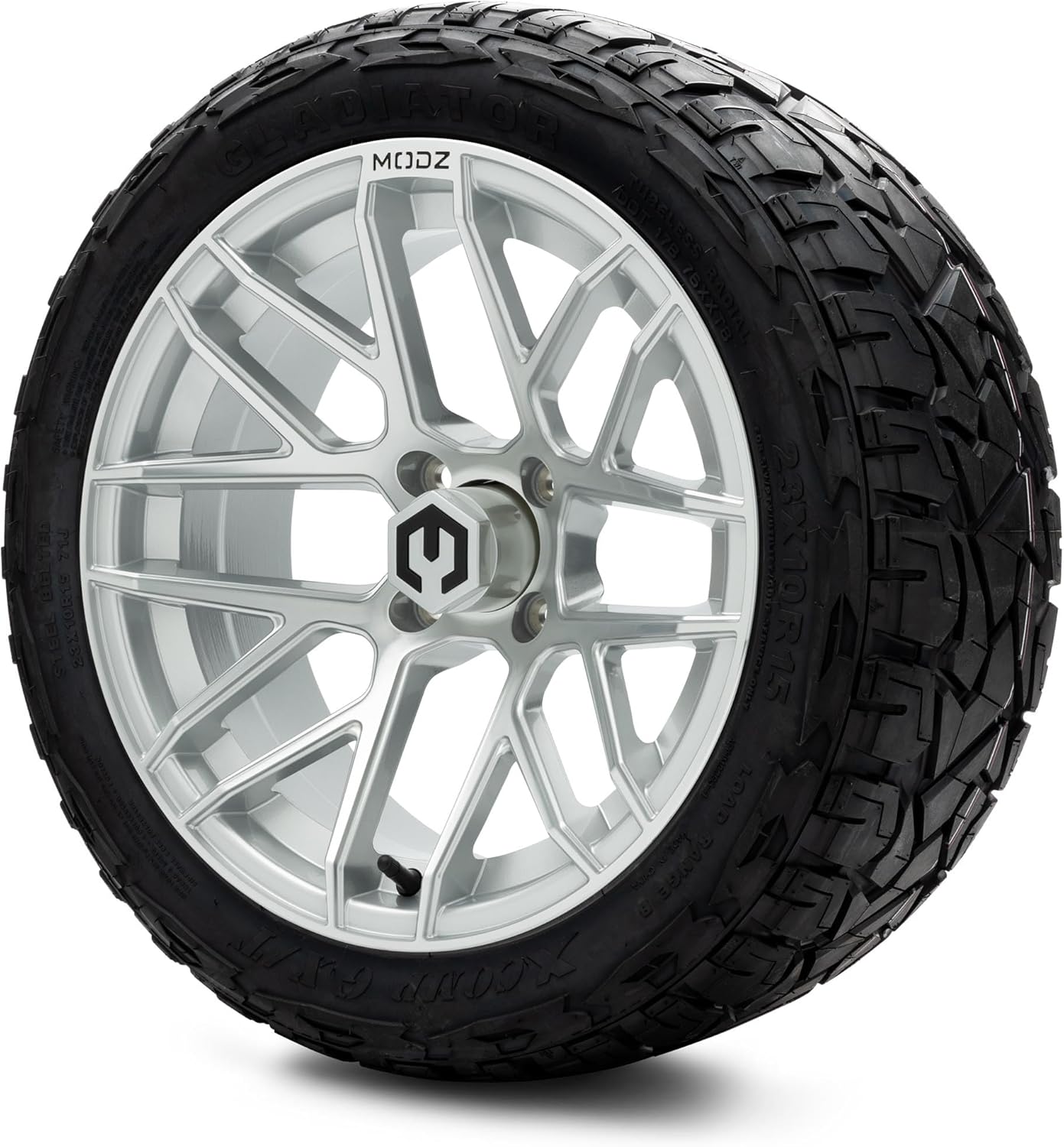 MODZ® Matrix Silver 15" Golf Cart Wheels and Arisun X-Armory (23x10-R15) DOT Steel-Belted Radial Golf Cart Tires Combo - Set of 4