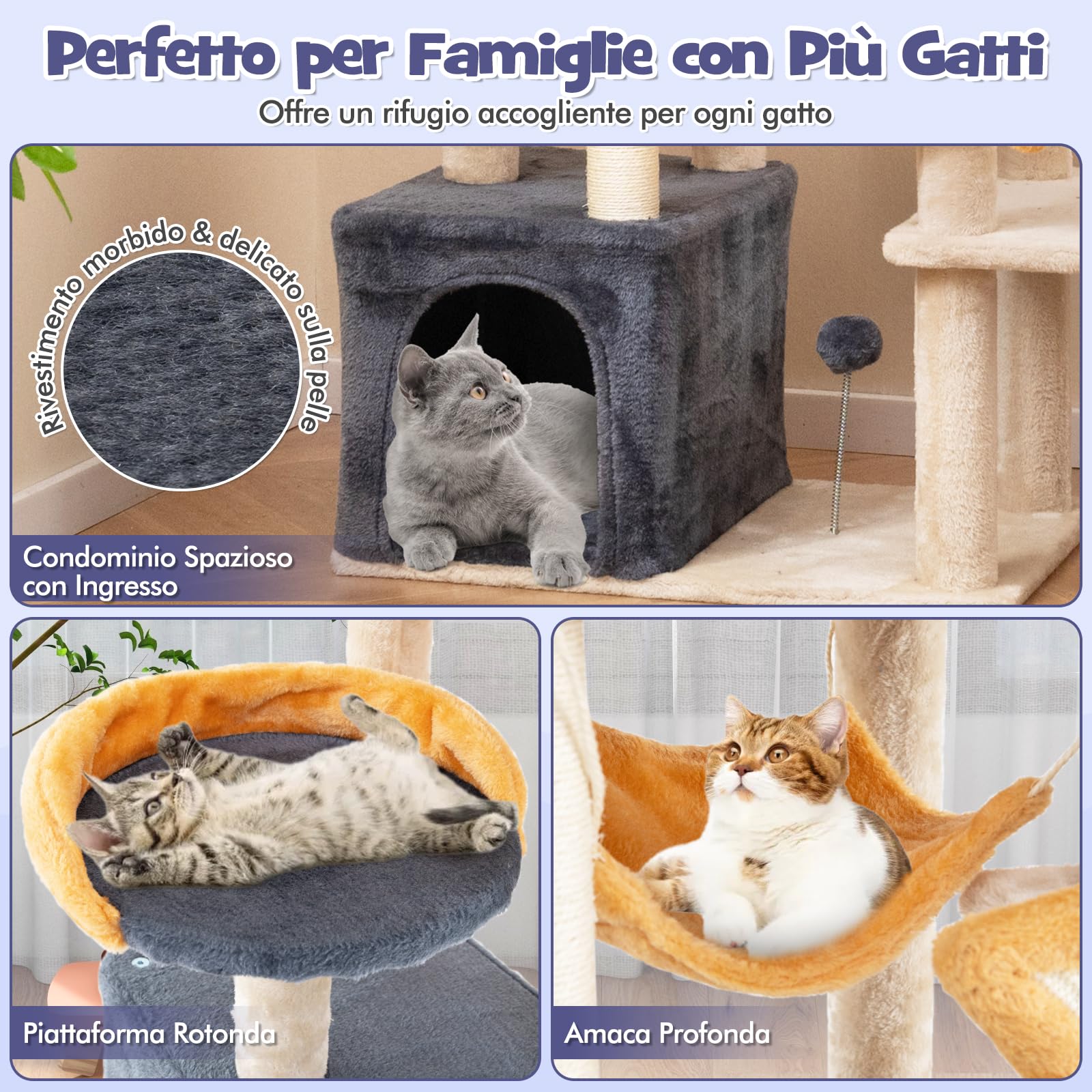 COSTWAY Albero per Gatti da Interno da 160 cm, Albero Tiragraffi con Pali e Tavole da Graffio in Sisal, Condominio, Trespolo in Peluche, Piattaforme, Giocattoli Appesi e Palla a Molla