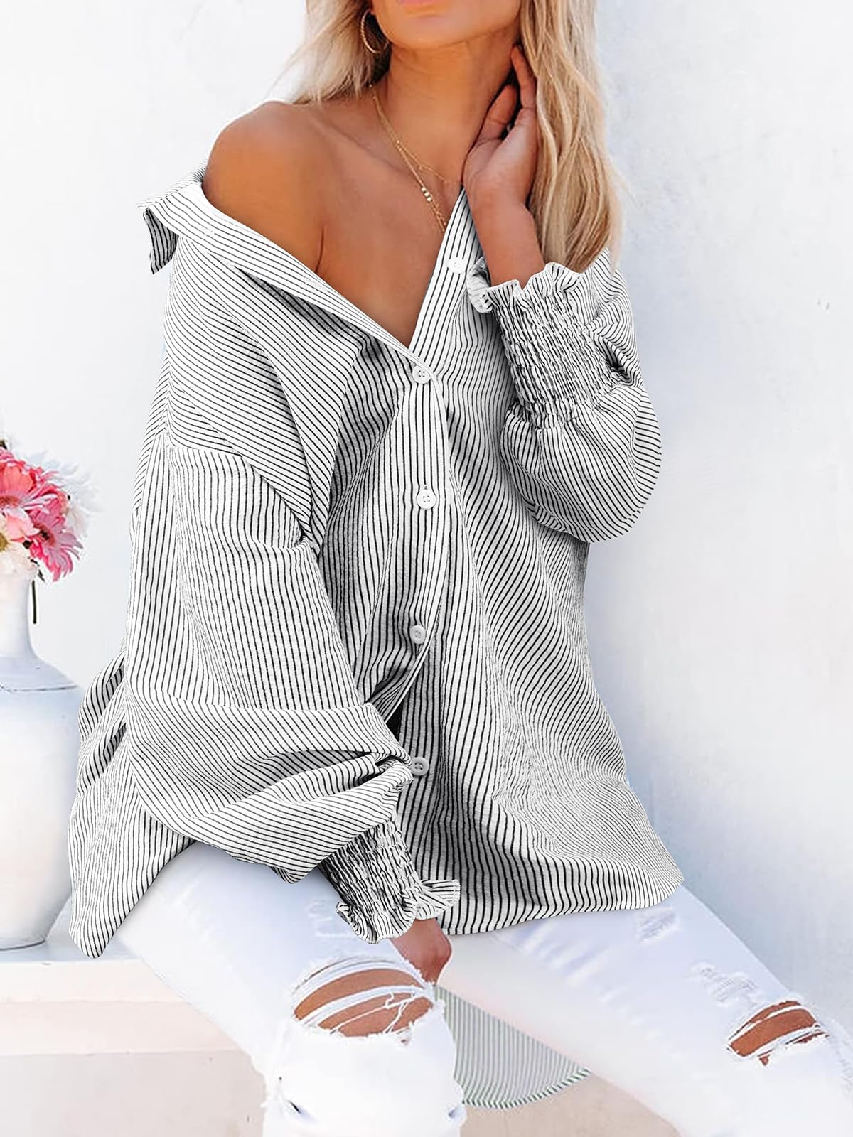 Women's Striped Button Down Shirts Long Sleeve Smocked Cuffed Oversized Boyfriend Blouses Collared Work No Pockets Tops