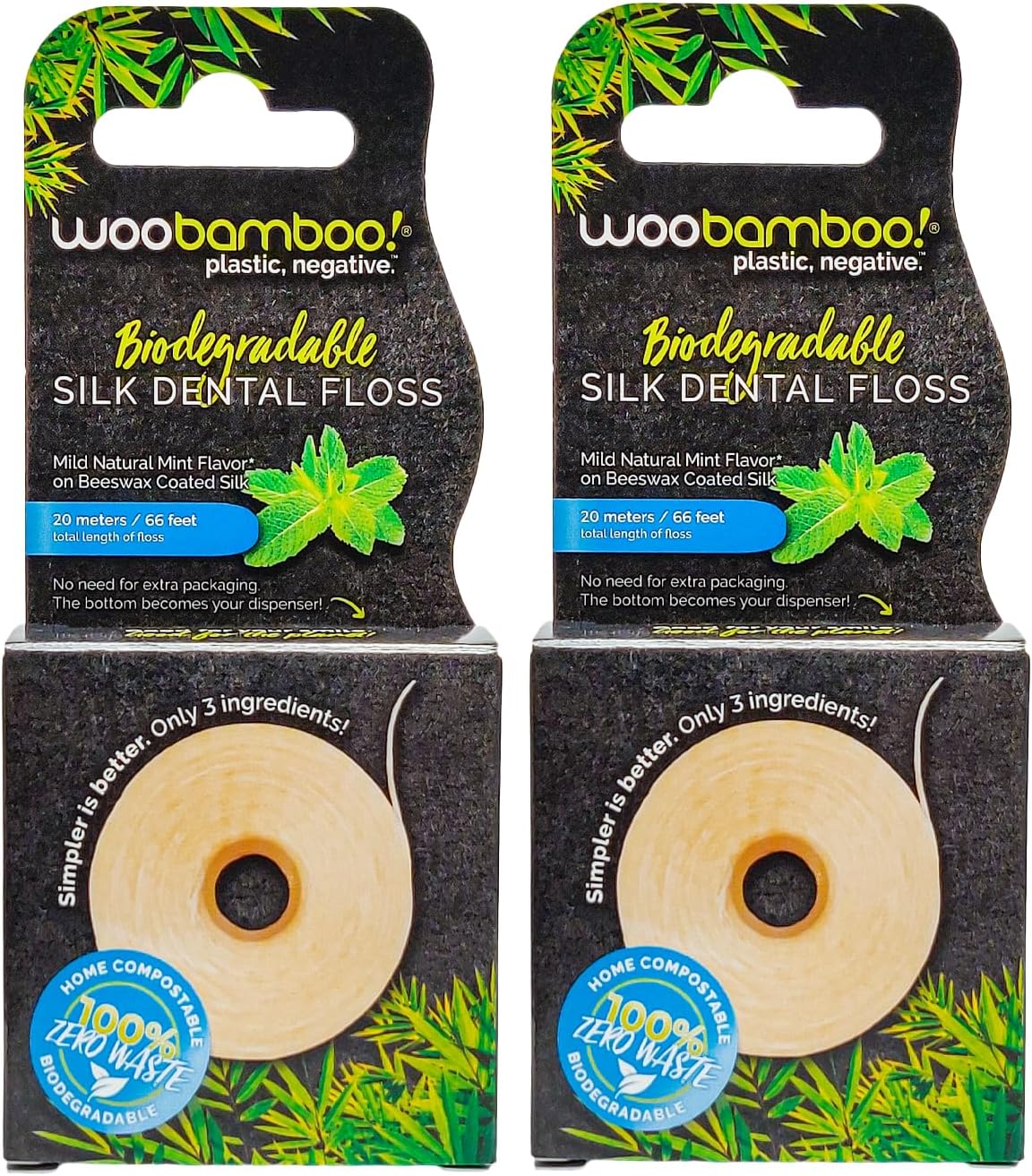 WooBamboo! All Natural Silk Dental Floss, Zero Waste, 66 feet of Mint-Flavored Floss (Pack of 2)