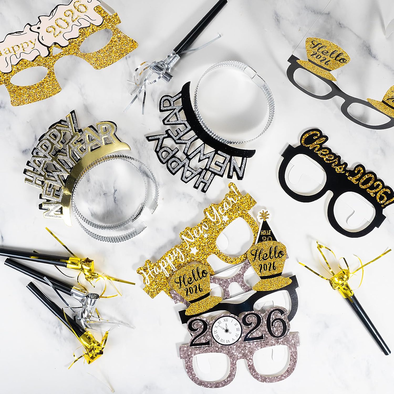 36 Pcs New Years Eve Party Supplies 2026 - New Years Decorations Set, Silver Gold Black Happy New Year Headband Tiara Glasses Noise Makers Bulk for Adults Kids New Year's Gifts Party Favors Decor - Image 7