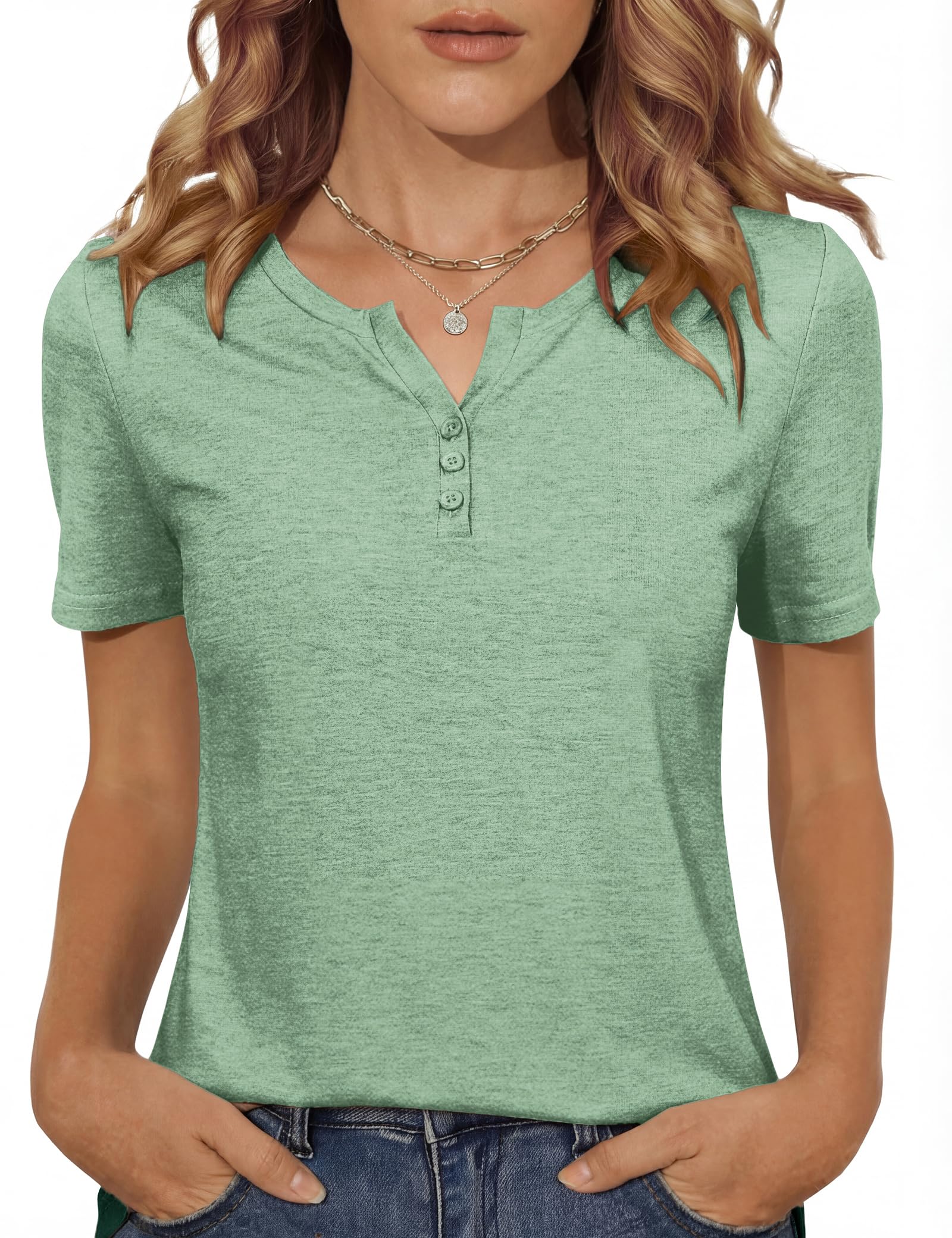 Totatuit Damen Kurzarmshirt Henley Kragen Einfarbig S-XXL | Leicht kombinierbares Sommer-Shirt, casual geschnitten für Büro Shopping Freizeit und Urlaub