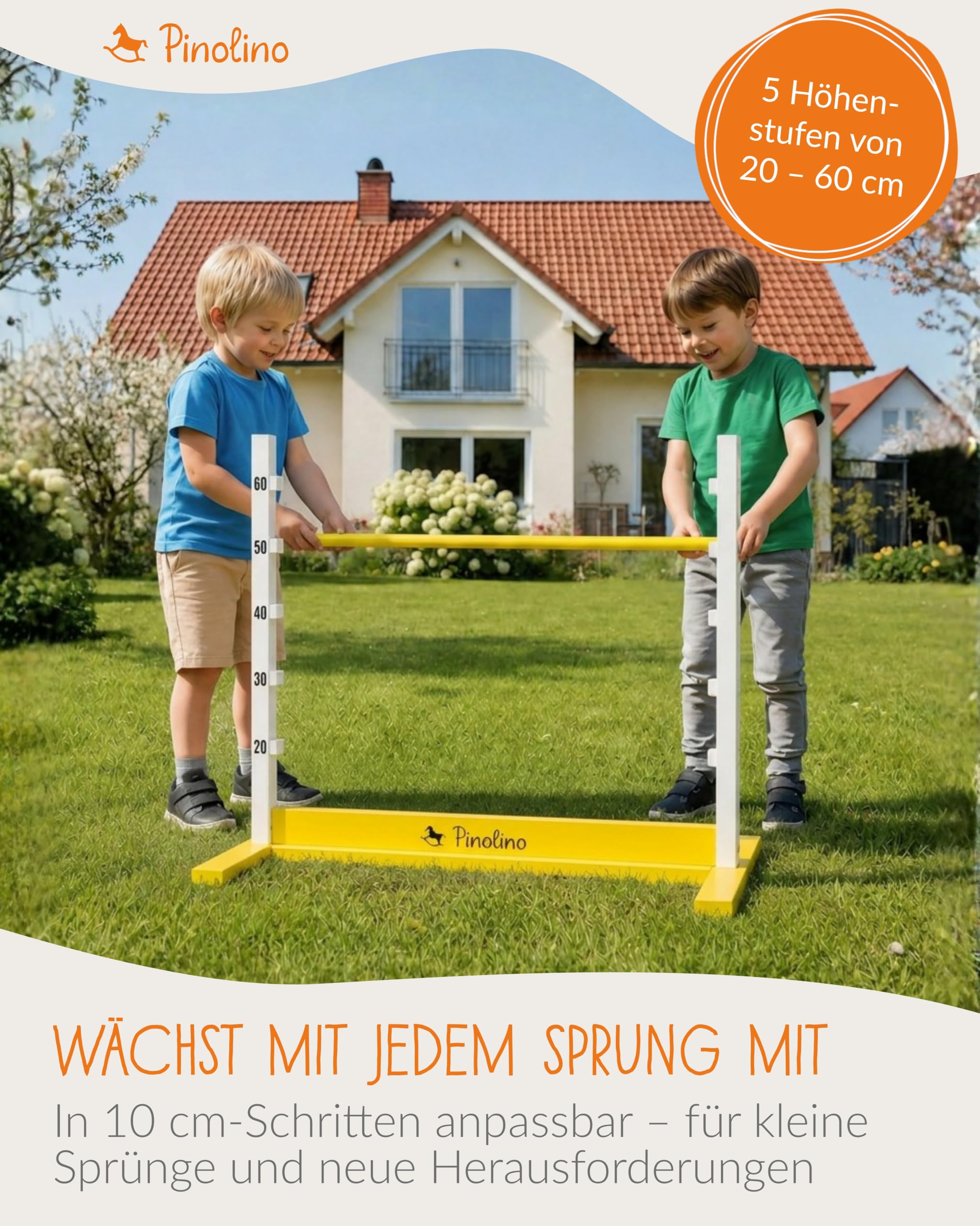 PINOLINO Hindernishürde Hoppe, Weiß/Gelb, 1 Stück, Koordinationstraining – Ideal für Steckenpferd-Reiten, Ab 3 Jahren, Höhenverstellbar