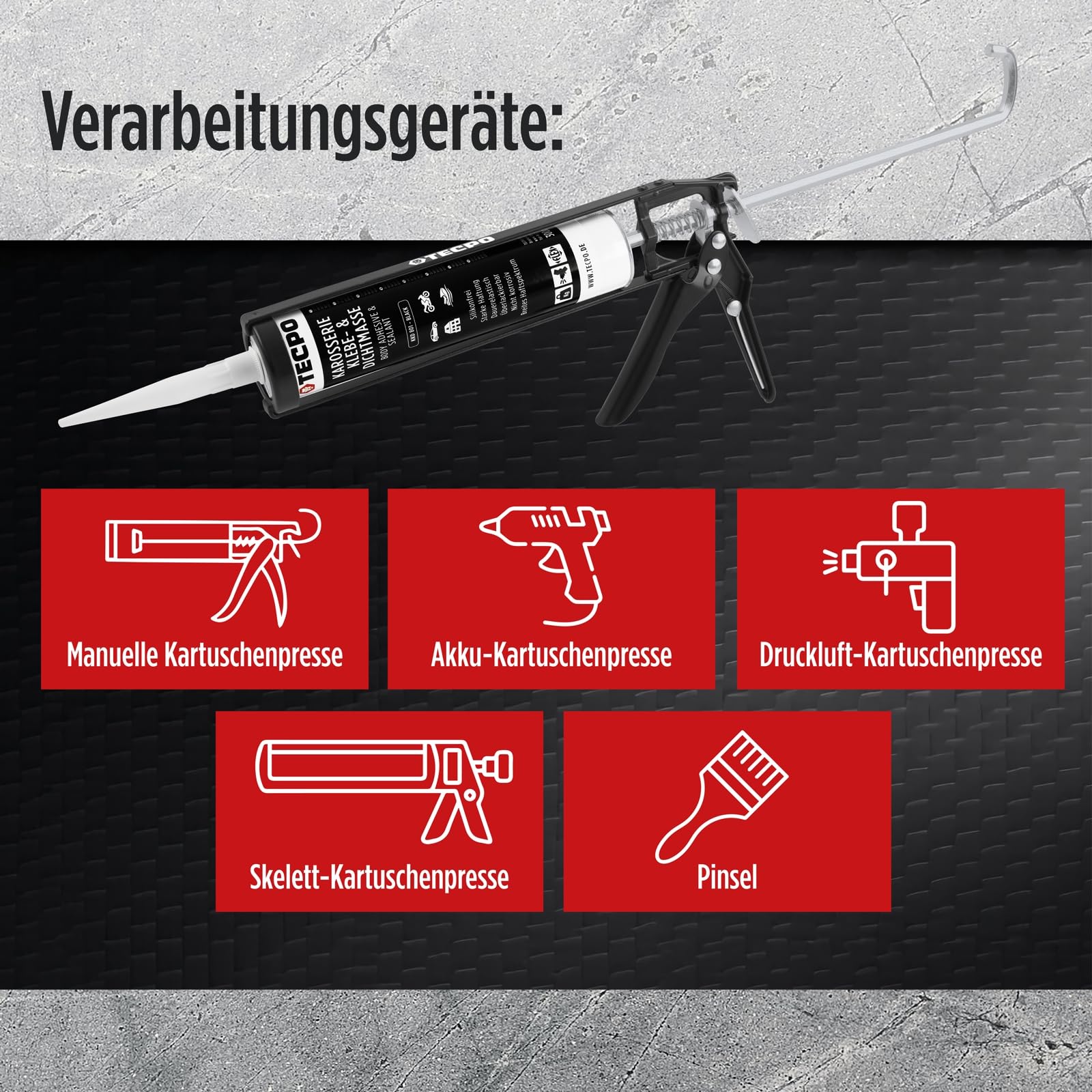 TECPO Klebe- und Dichtmasse, 10x 370g schwarz Karosseriekleber mit Skelett Kartuschenpresse