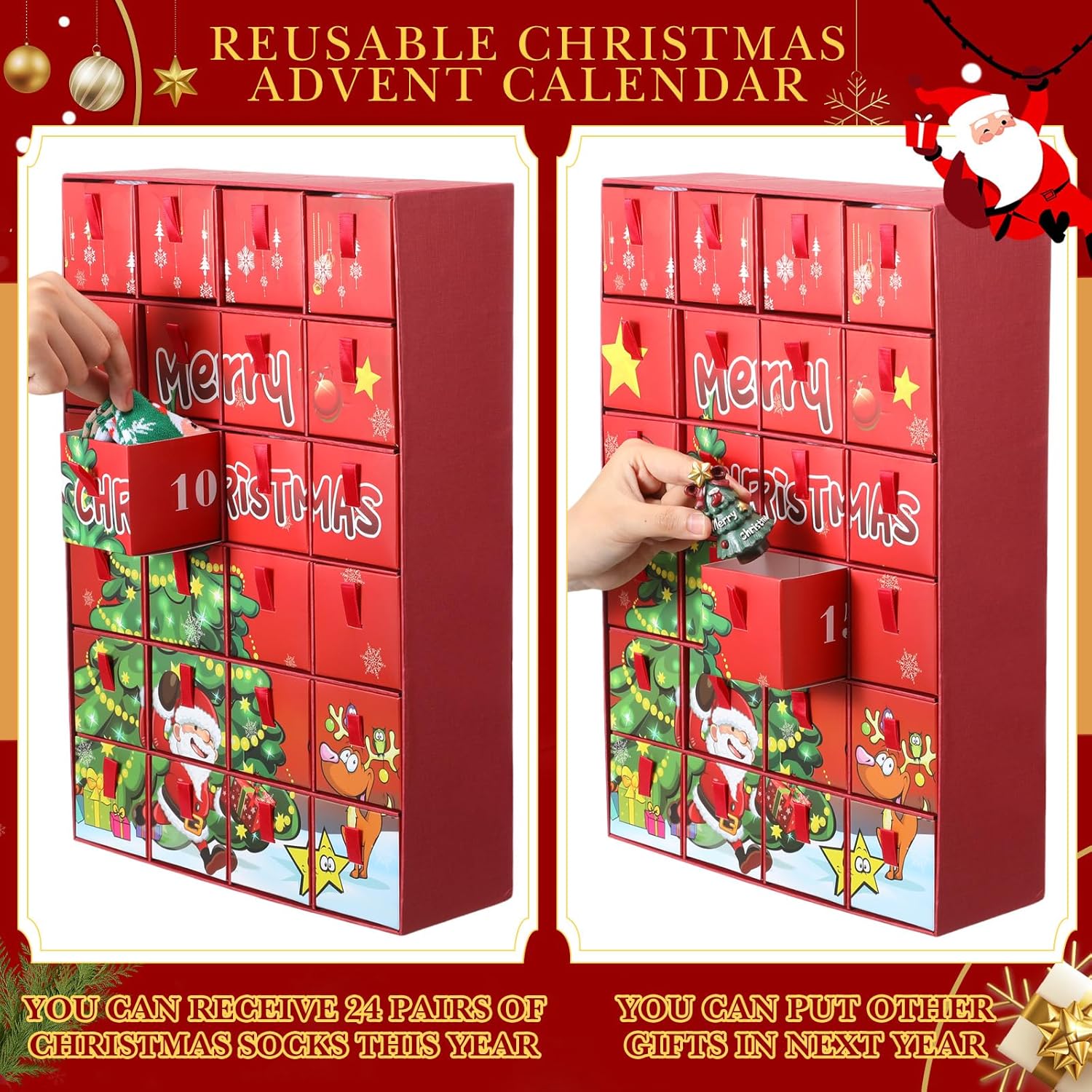 Jiuguva 24 Pairs Christmas Socks Advent Calendar 2025, Christmas Socks Bulk 24 Days Countdown Box Gift for Xmas Party Favor Gifts