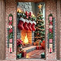 Vista 5 de Decoración de cubierta de puerta de Navidad, chimenea, letrero rojo para puerta delantera, árbol de Navidad rojo, telón de fondo para pared