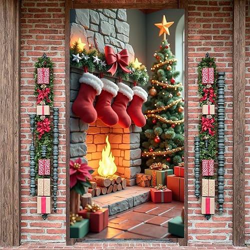 Miniatura 6 de Decoración de cubierta de puerta de Navidad, chimenea, letrero rojo para puerta delantera, árbol de Navidad rojo, telón de fondo para pared del