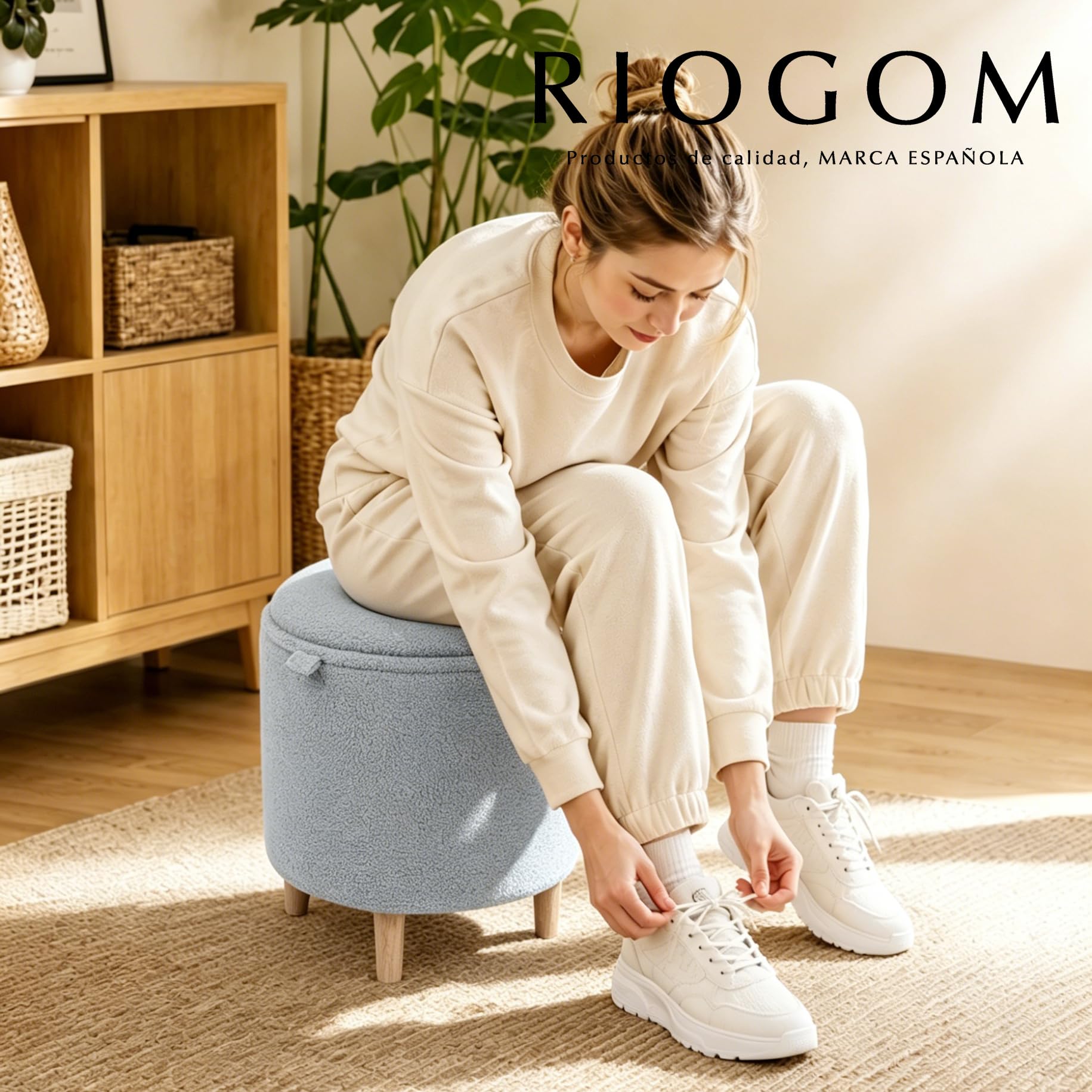 Puff Almacenaje, 45.5xØ36, Banco de Almacenamiento, Reposapiés con Patas, Otomana, Boucle, Reposapies Sofa, Taburete almacenaje, Banco almacenaje, Mesa Madera Asiento (Gris, Borrego)