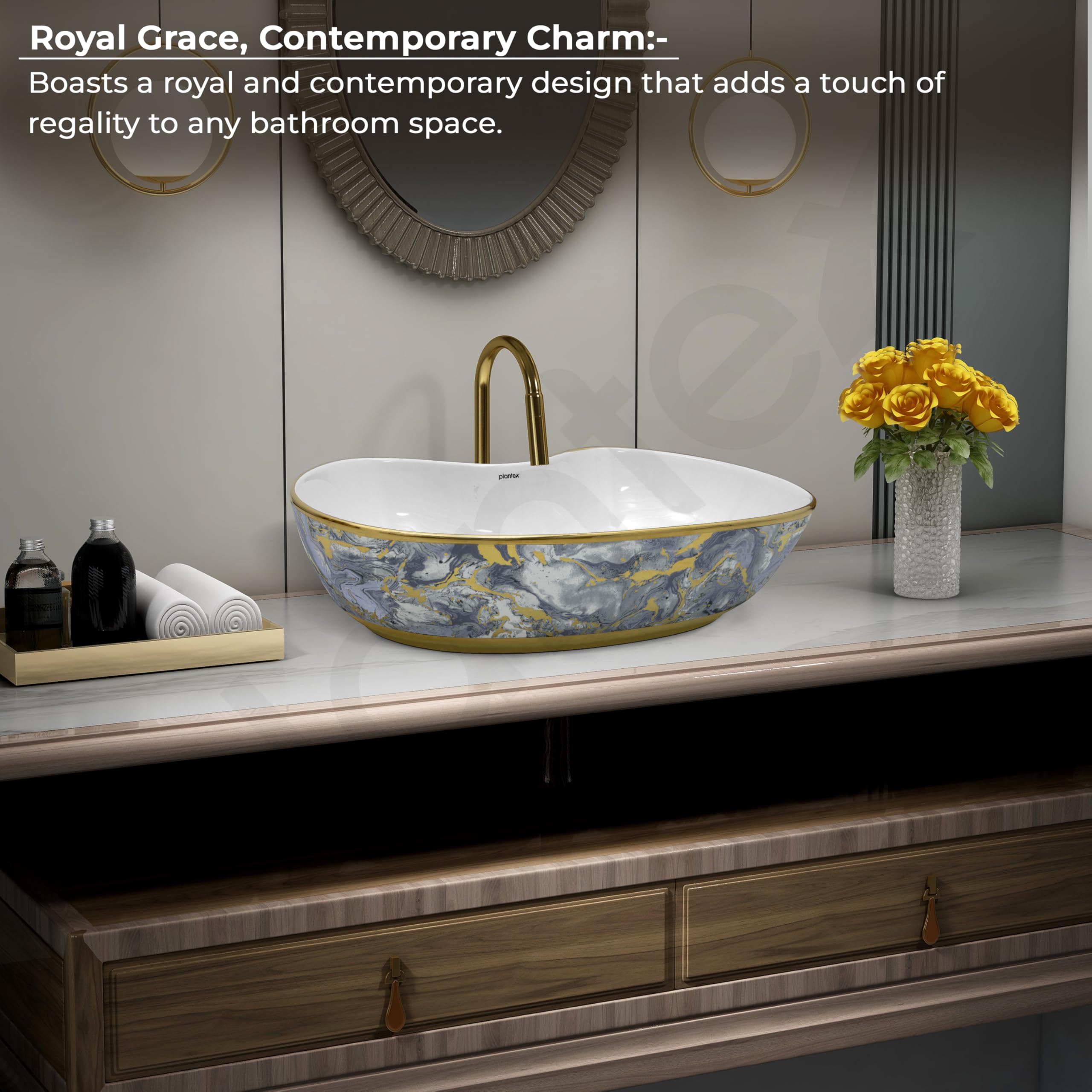 Plantex Ceramic Wash Basin/Table Top Hand Washbasin/Designer Countertop Basin for Bathroom/Restaurants/Hotel (24.5x12.5x 5.5 -White & Blue)