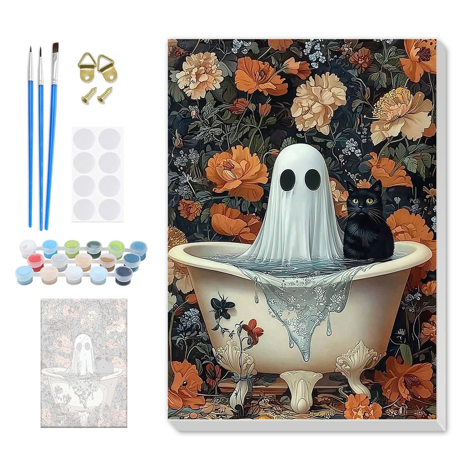 DOMROM Ghost Paint by Numbers for Adults Beginners Framed, Halloween Black Cat Adults' Paint-by-Number Kits, Adult Paint by Number Kits on Canvas, Acrylic Number Painting for Home Decor, 8x12in
