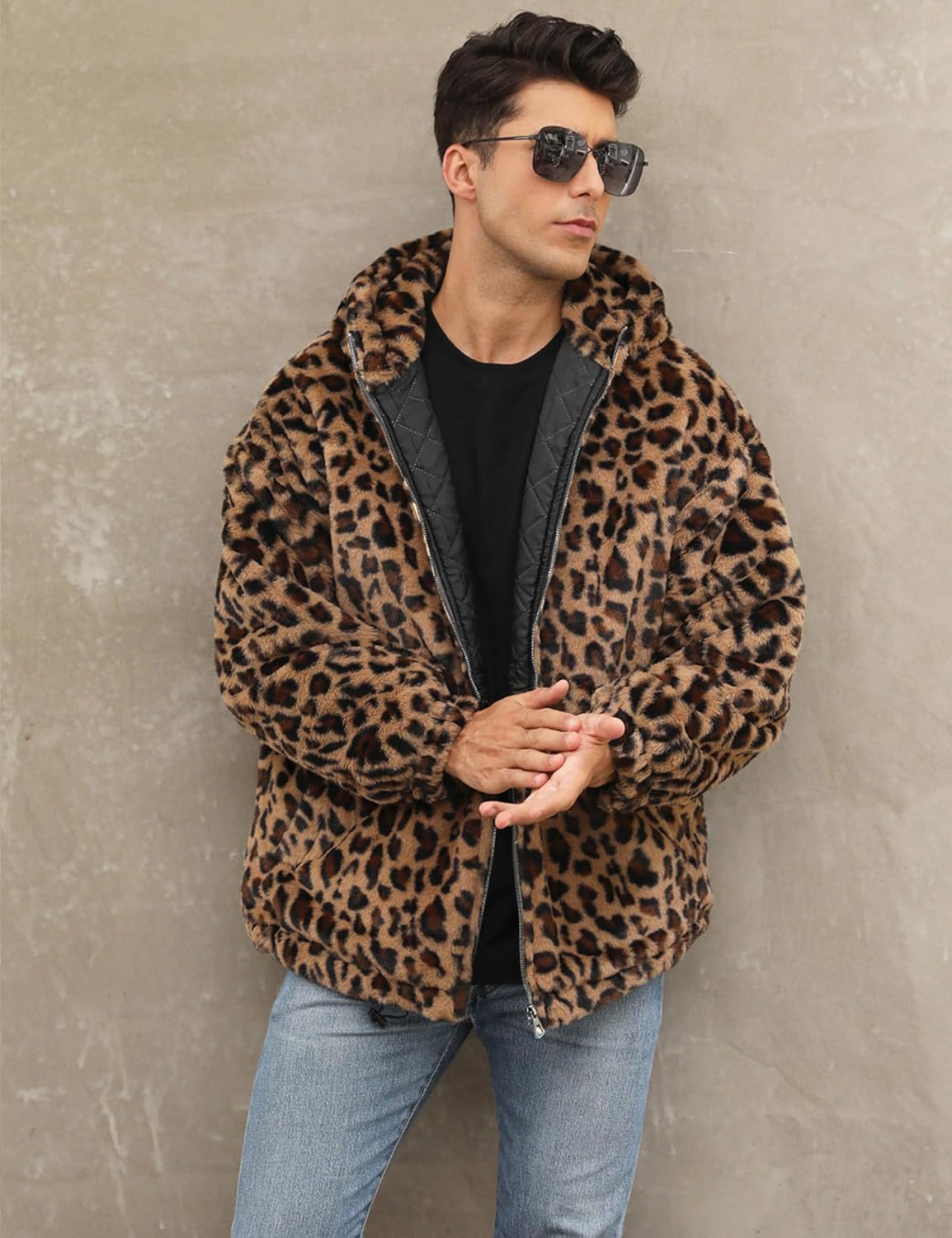 Men's Furry Winter Loose Faux Fur Leopard Zipper Hooded Baseball Jacket Coat With Lining