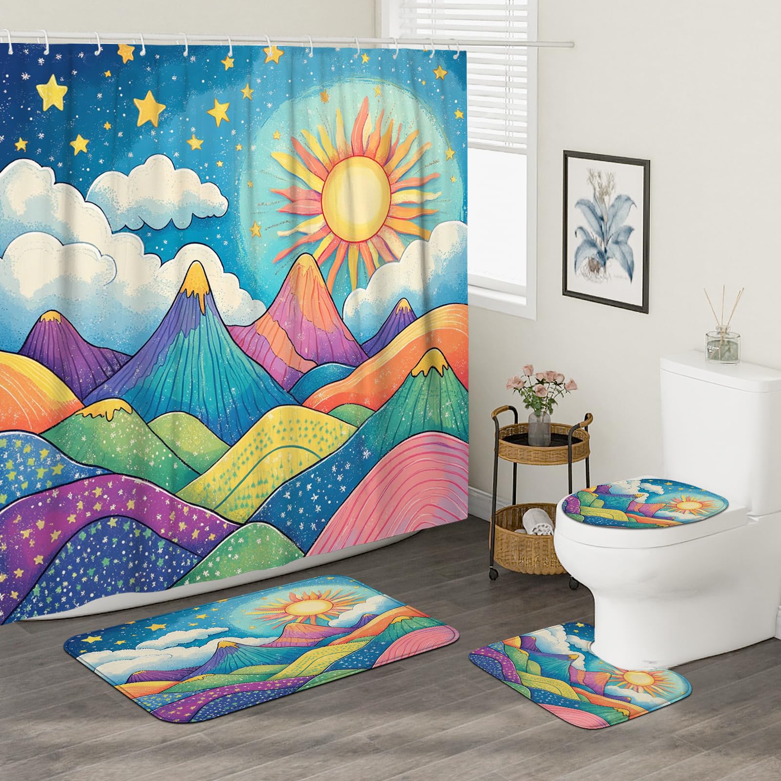 DESIHOM 4PCS Fun Cartoon Mountain Shower Curtain Sets with Non-Slip Rug, U Shape and Toilet Lid Cover Mat, Abstract Trippy Home Decor, Bathroom Accessory with 12 Hooks