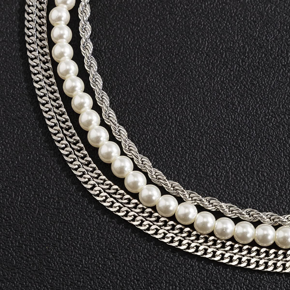 Miniatura 5 de YERTTER Collar gótico de cadena de plata de 4 capas para hombre, cadena de perlas, cadena gruesa, cadena torcida, cadena plana, gargantilla