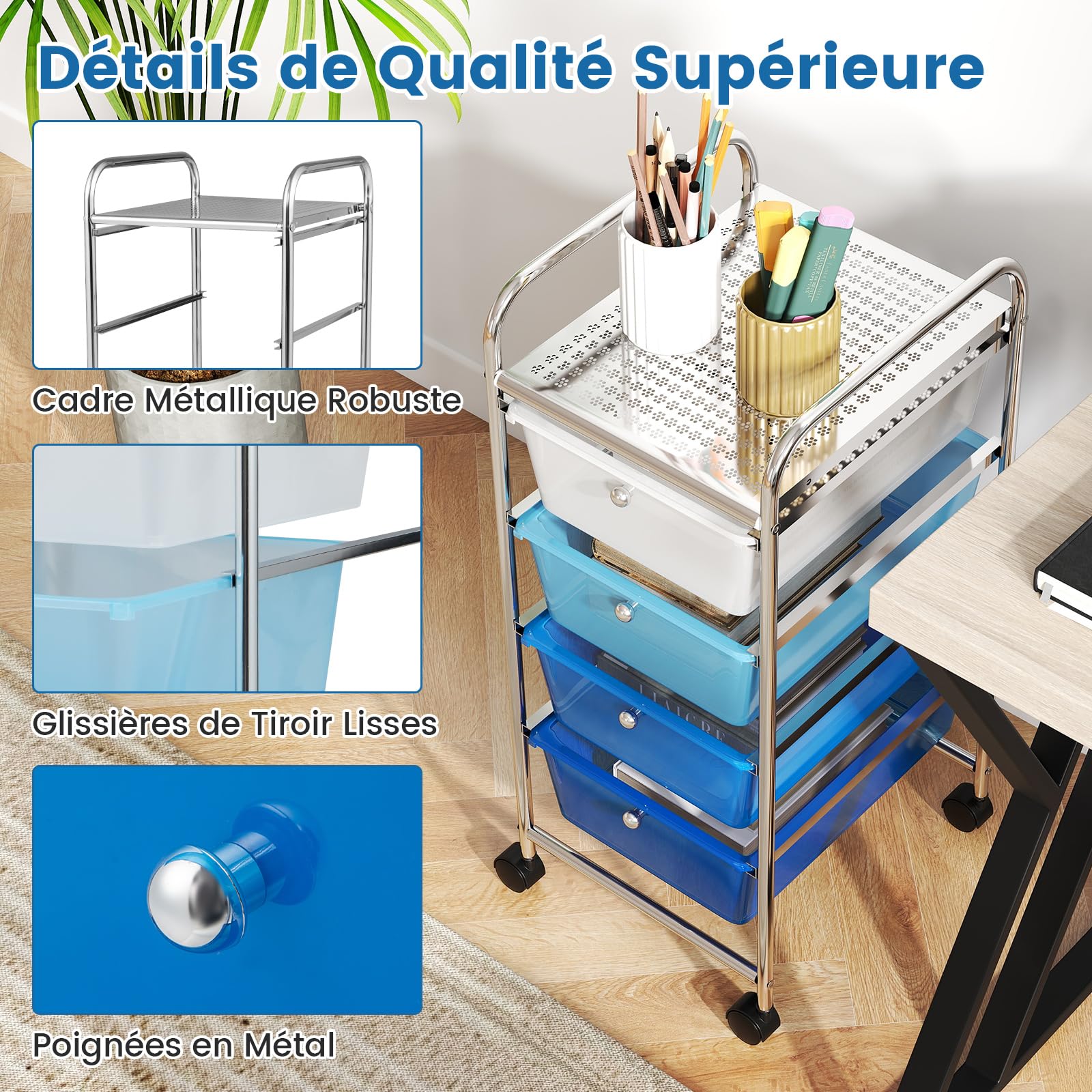 COSTWAY Chariot de Rangement à roulettes avec 4 Tiroirs Plastiques Amovibles, Tour de Rangement à roulettes, Cadre en Métal, Desserte pour Cuisine, Salle de Bain, École (32x37x76cm,Dégradé Bleu)