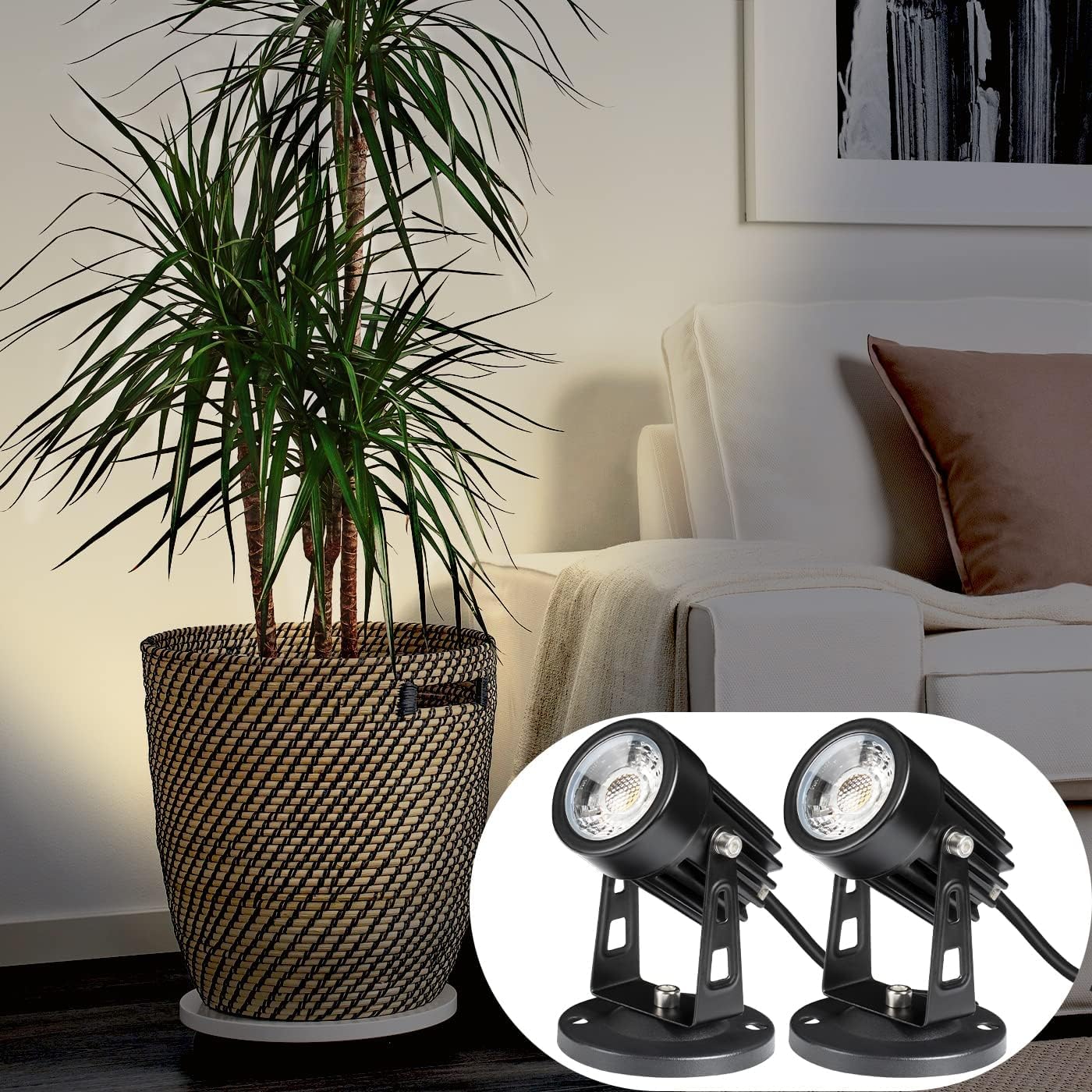 SUNVIE 2 Pack LED Spot Lights Indoor for Plants Uplights Lamp Accent Lighting Decor 120V Warm White Up Spotlight 5.9 FT Cord with Floor Foot Switch (Base and Stake Included)