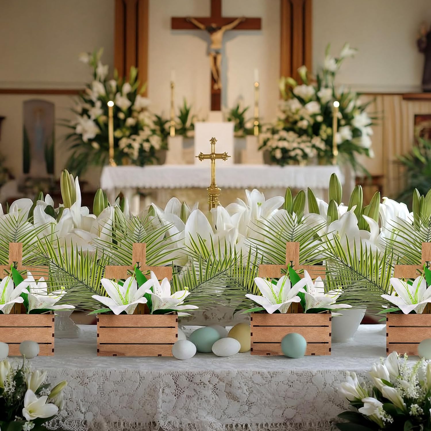 LemonRoad 6 Sets First Communion Table Decor Easter Wooden Cross Centerpieces Artificial Leaves Easter Lily with Cross Box for First Communion Baptism Party Christening Celebration Religious Decor