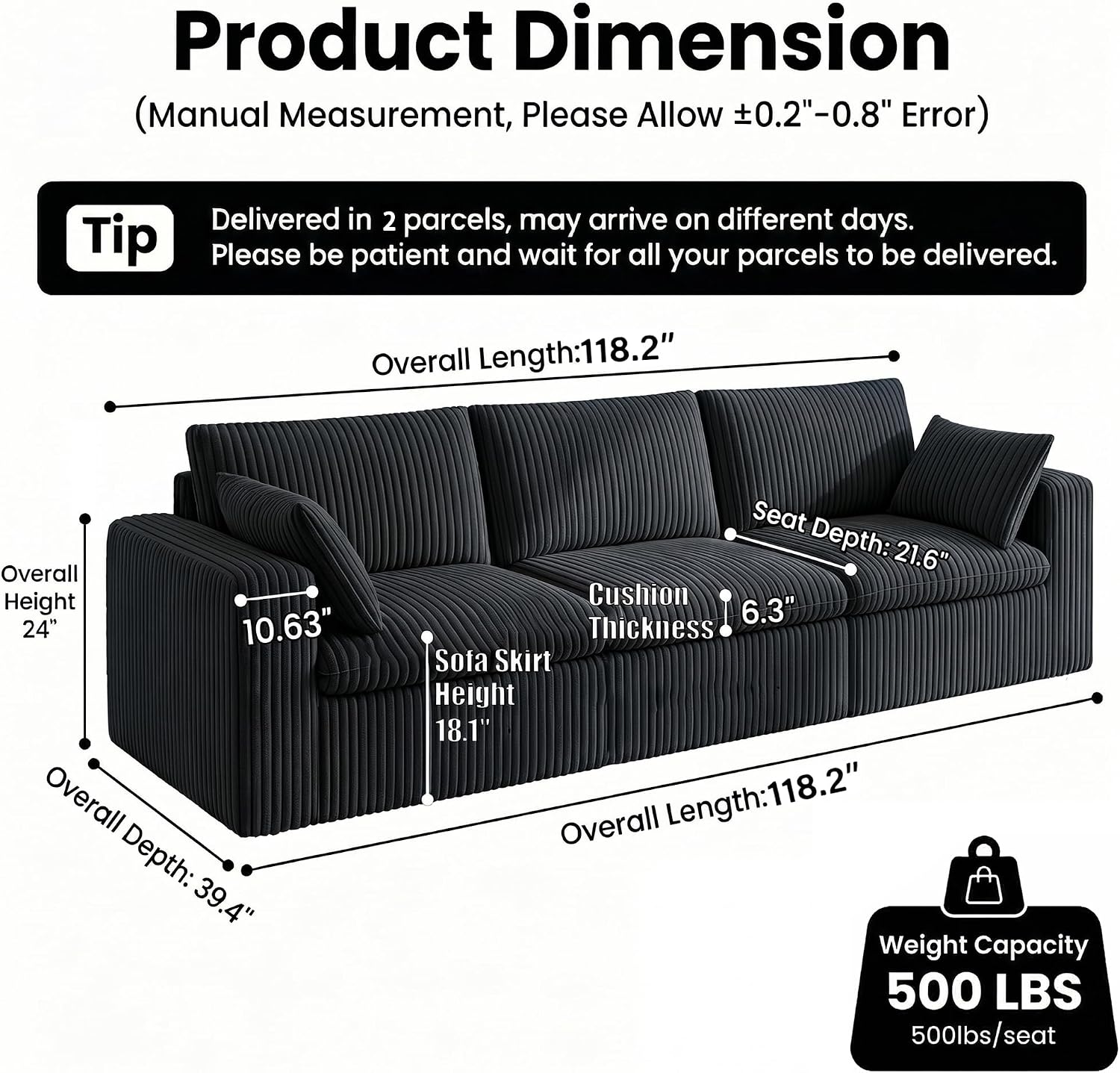 118" Modular Sectional Boneless Sofa Couch, Soft Corduroy Upholstery, Oversized 3-Seater Cloud Couches with Removable Cushion, Deep-Seat Cozy Fluffy Couches for Living Room (Black)
