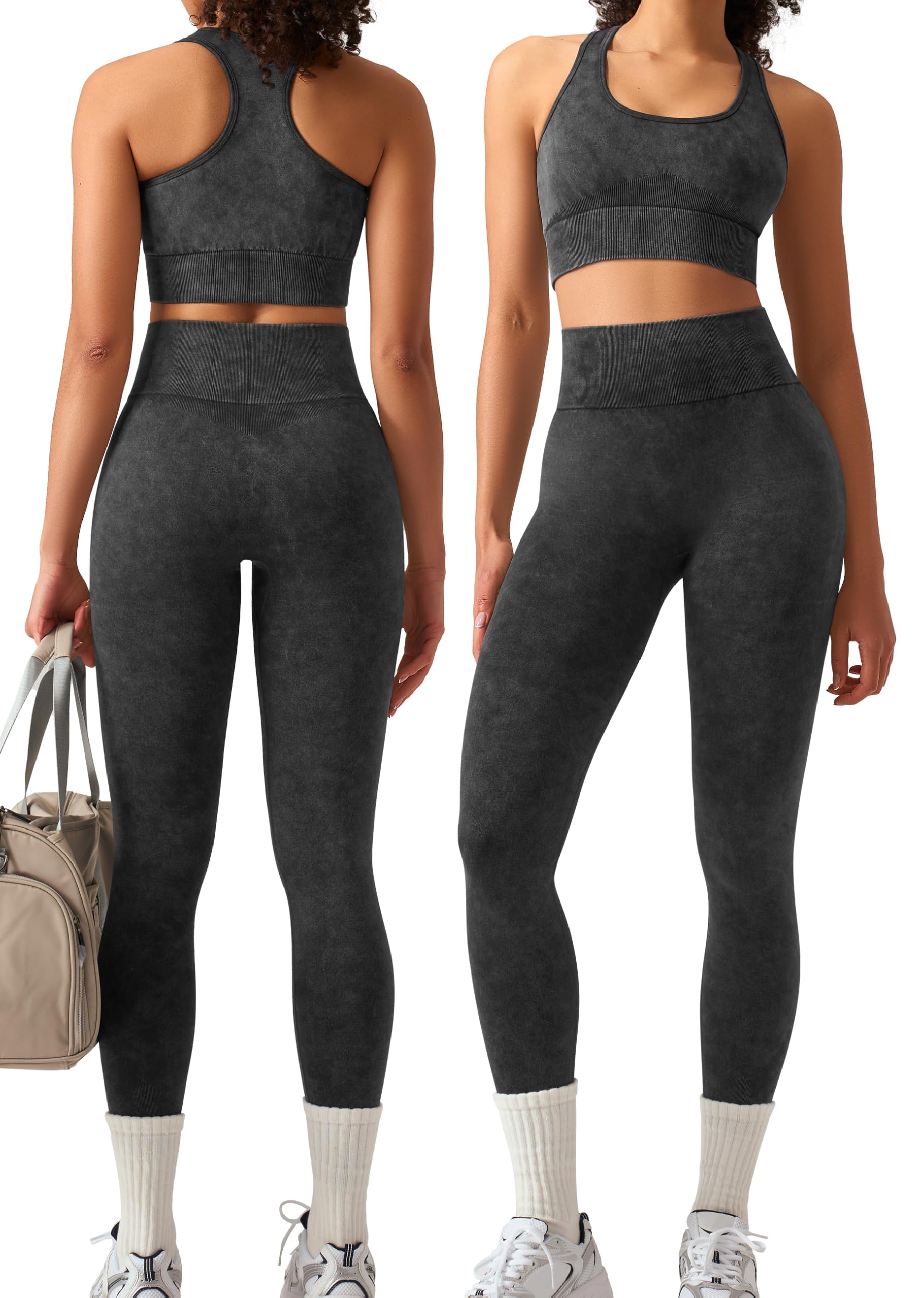 OLCHEE Womens Workout Sets 2 Piece - Acid Wash Seamless Yoga Outfits High Waist Leggings Padded Racerback Sports Bra Gym Set