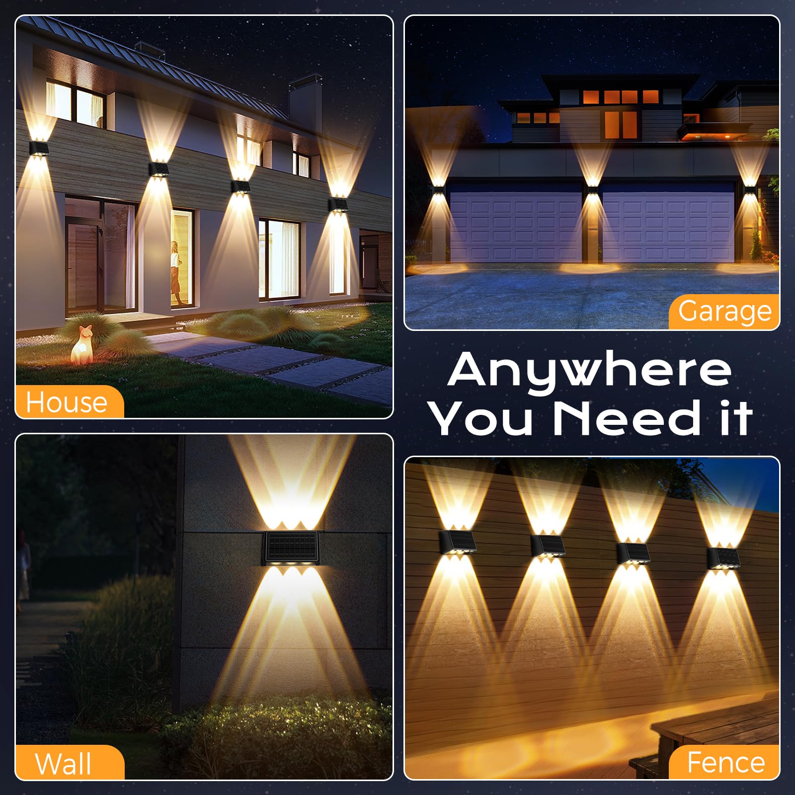 Quntis Applique da Esterno Solare Doppia Luce Bianca Calda e Colore 6 LEDs ad Alta Potenza, 13 Modalità, Lampada Solari da Esterno Parete Impermeabile IP65 per Recinzione Giardino Terrazze-Grande