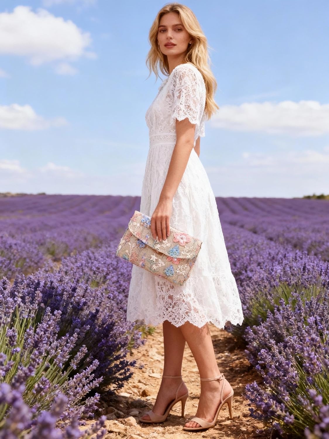 Envelope Package, Clutch Purses for Women, Embroidered Flowers Straw Bag, Bohemian Handmade Handbags, Beach Bag for Vacation, Travel, Banquet (Beige) - Image 3