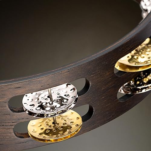 Miniatura 8 de Meinl Percussion Pandereta de madera vintage con tintas de acero chapado martilladolatón macizo doble fila no fabricada en China para todos los