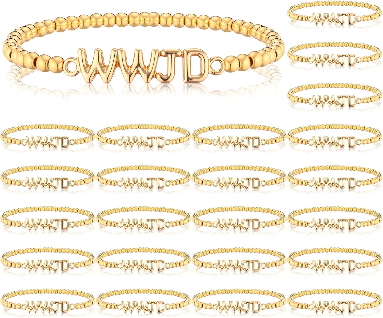 24 Pcs WWJD Gold Beaded Bracelets Christian Valentine Gift Bulk for Women Men What Would Jesus Do Adjustable Bracelets Bulk Inspirational Religious Faith Jewelry Gifts Church Fundraiser Favors