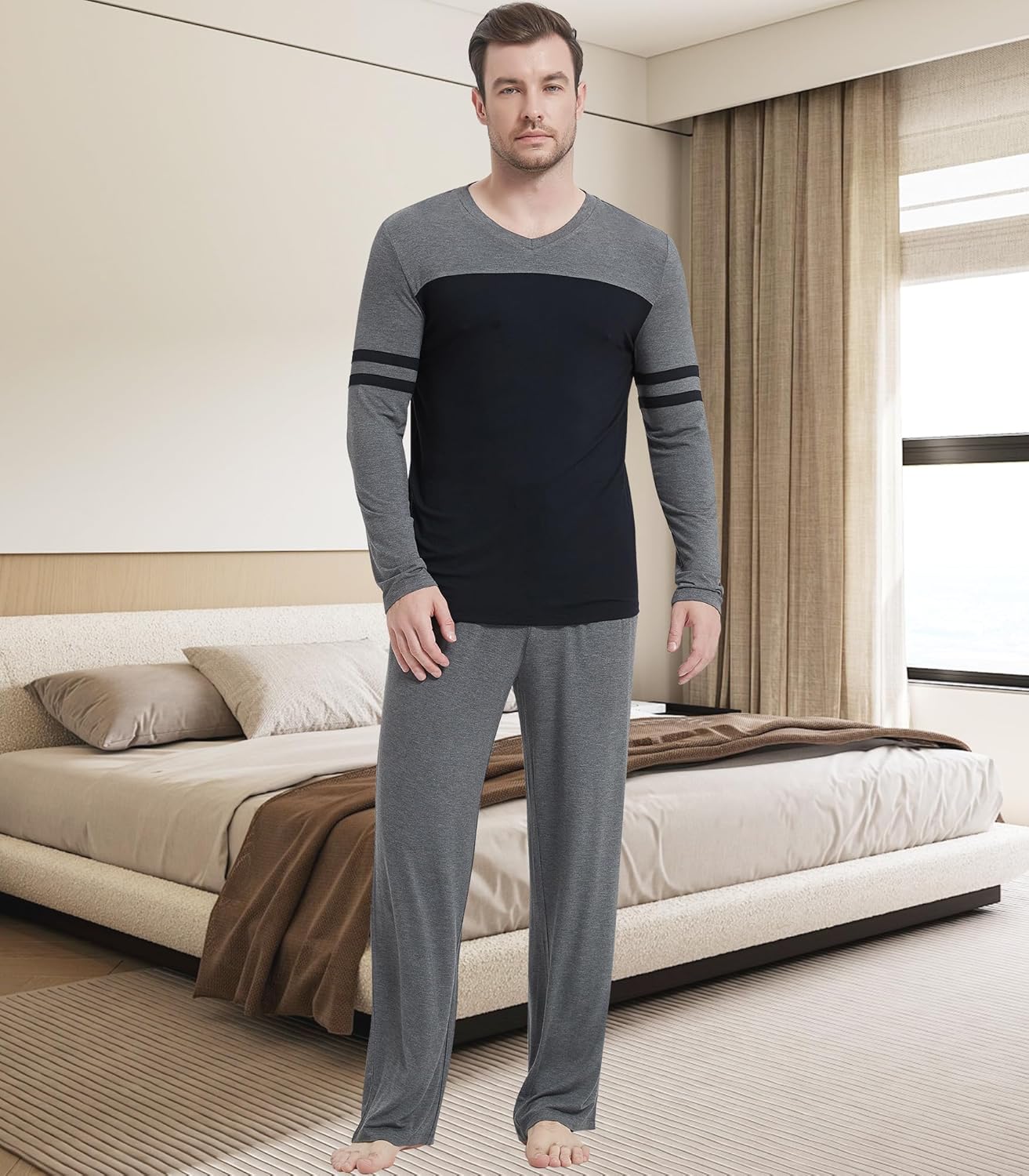 NACHILA Men's Pajamas-Viscose Made from Bamboo, Long Sleeve Pajama Shirt Soft Pants Sleepwear Comfy Pjs Set with Pockets - Image 3