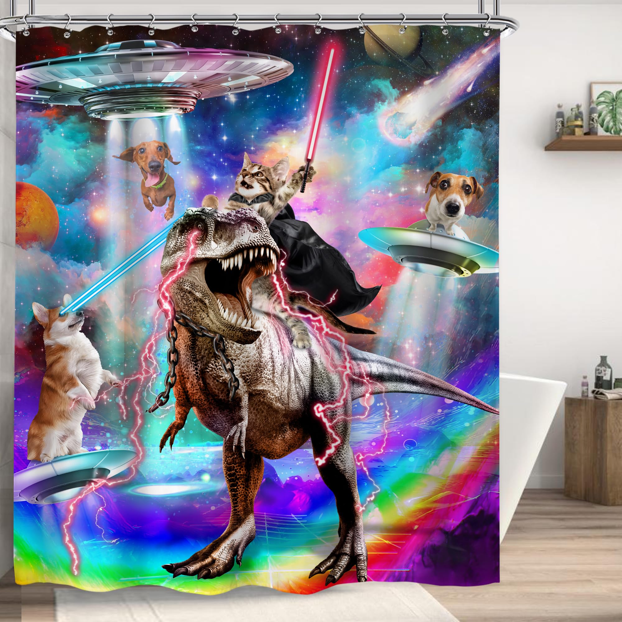 Lustiger Katzen-Duschvorhang – Katze Reitet Dinosaurier, UFO-Design, Wasserdicht & Fantasievoll