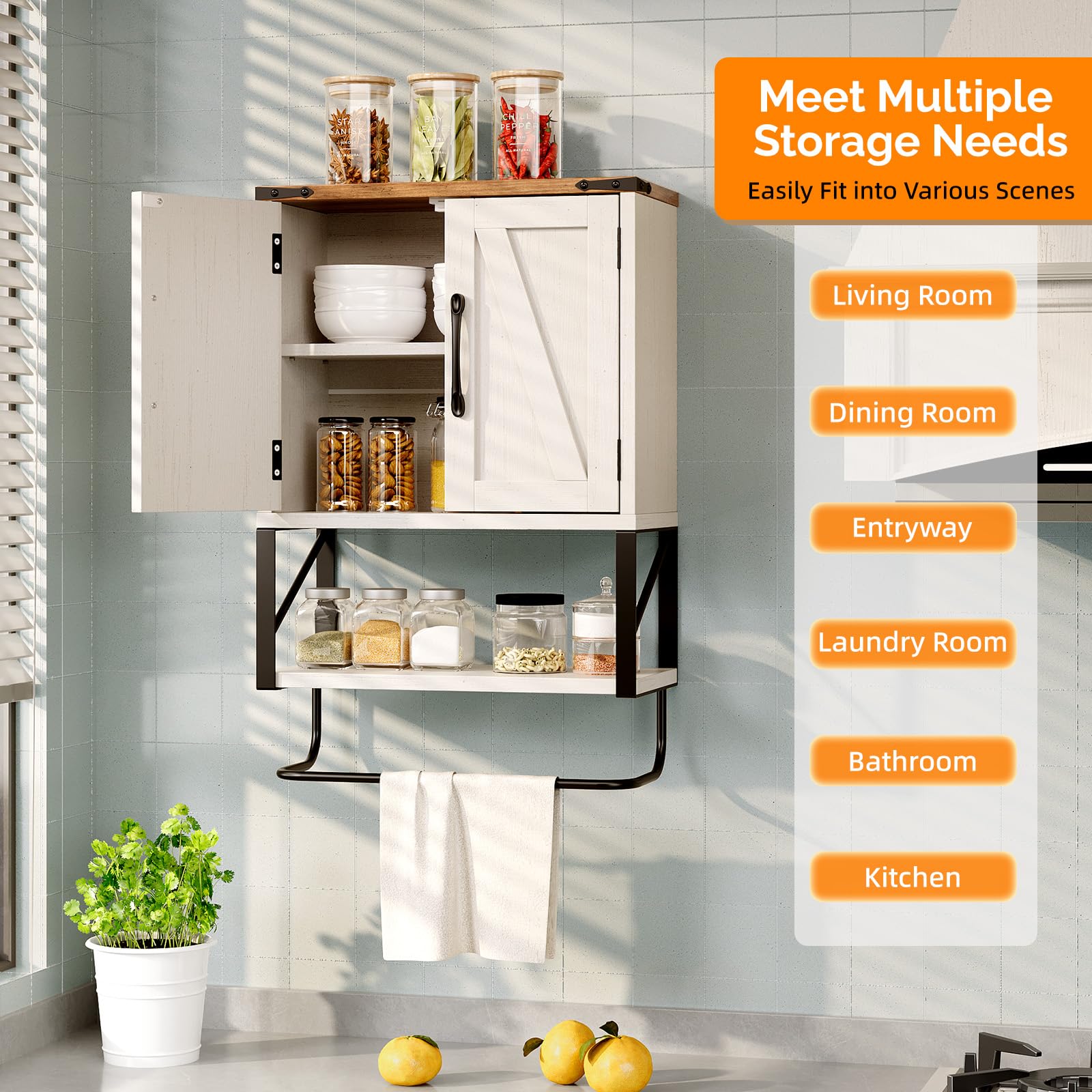 Bonnlo Armoire Mural, Meuble de Rangement Salle de Bain, Meuble WC Suspendu, avec étagère réglable, Double Porte et étagère Ouverte, 58 x 39 x 18 cm, Blanc