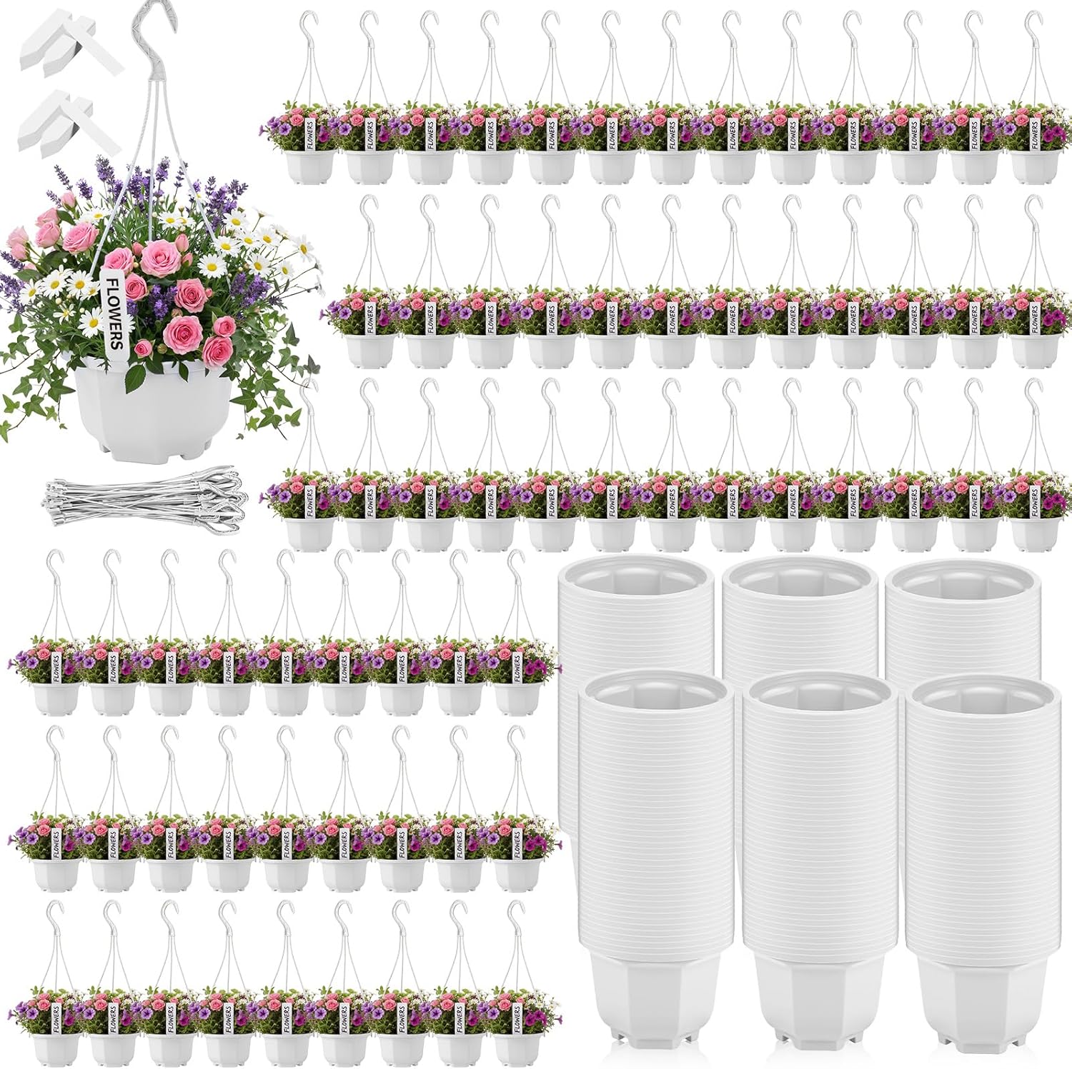 200 Pack 5.1 Inch Plastic Hanging Pots Bulk Nursery Hanging Planters with Hooks and Drainage Small Grower Pots for Indoor Outdoor Plants, Garden, Includes 200 Labels(White)