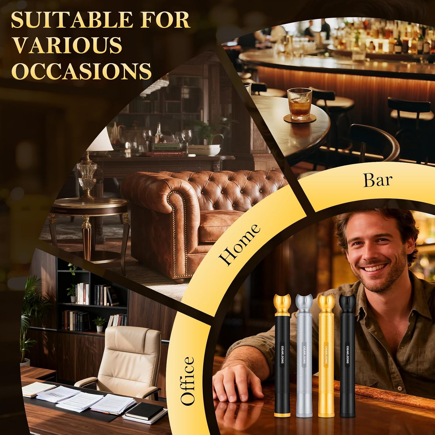 Cigar Tube, Aluminum Travel Cigar Case Tube with Built in Humidifier, Punch Cutter & Cedar Wood Lining, Airtight Single Cigar Holder Case Moisturizing Tube with Gift Box (Black Gold)