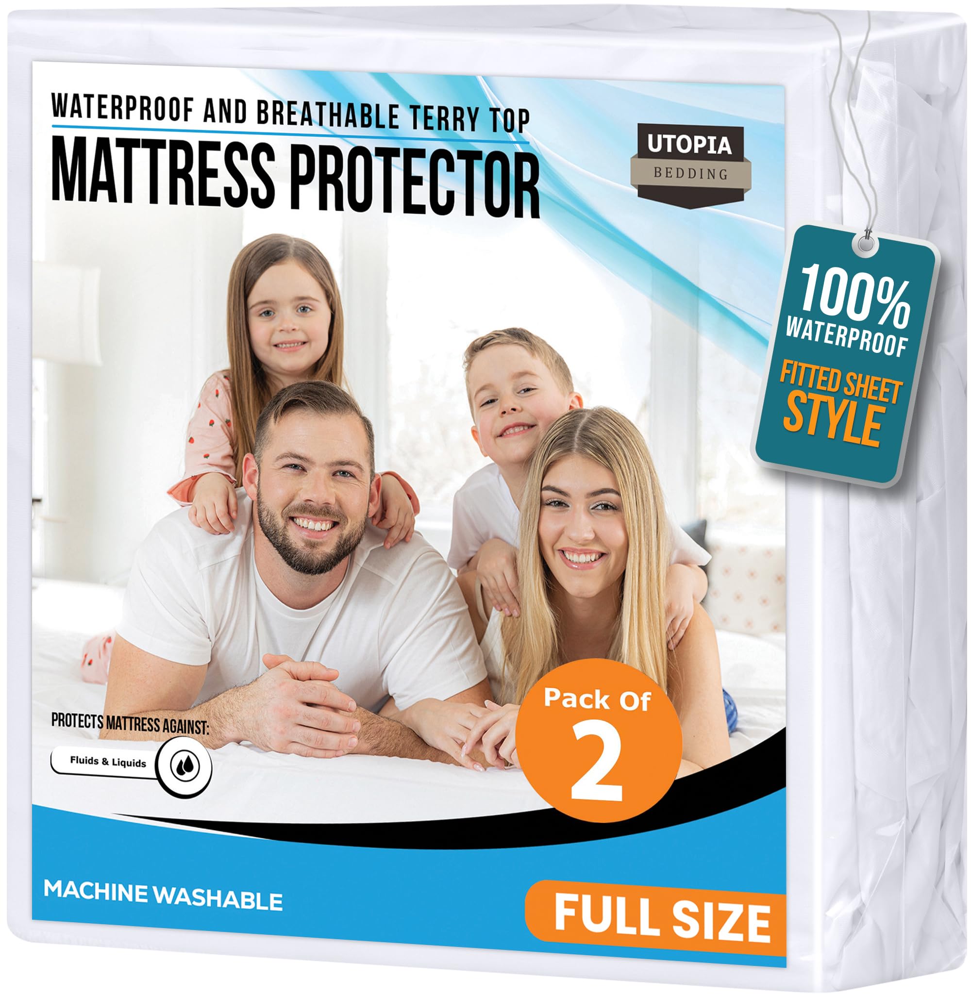 Waterproof Mattress Protector Full Size 2 Pack, Premium 200 GSM Terry Mattress Cover, Soft & Breathable Bed Cover, Fitted Sheet Style with Stretchable Deep Pockets 15" (White)