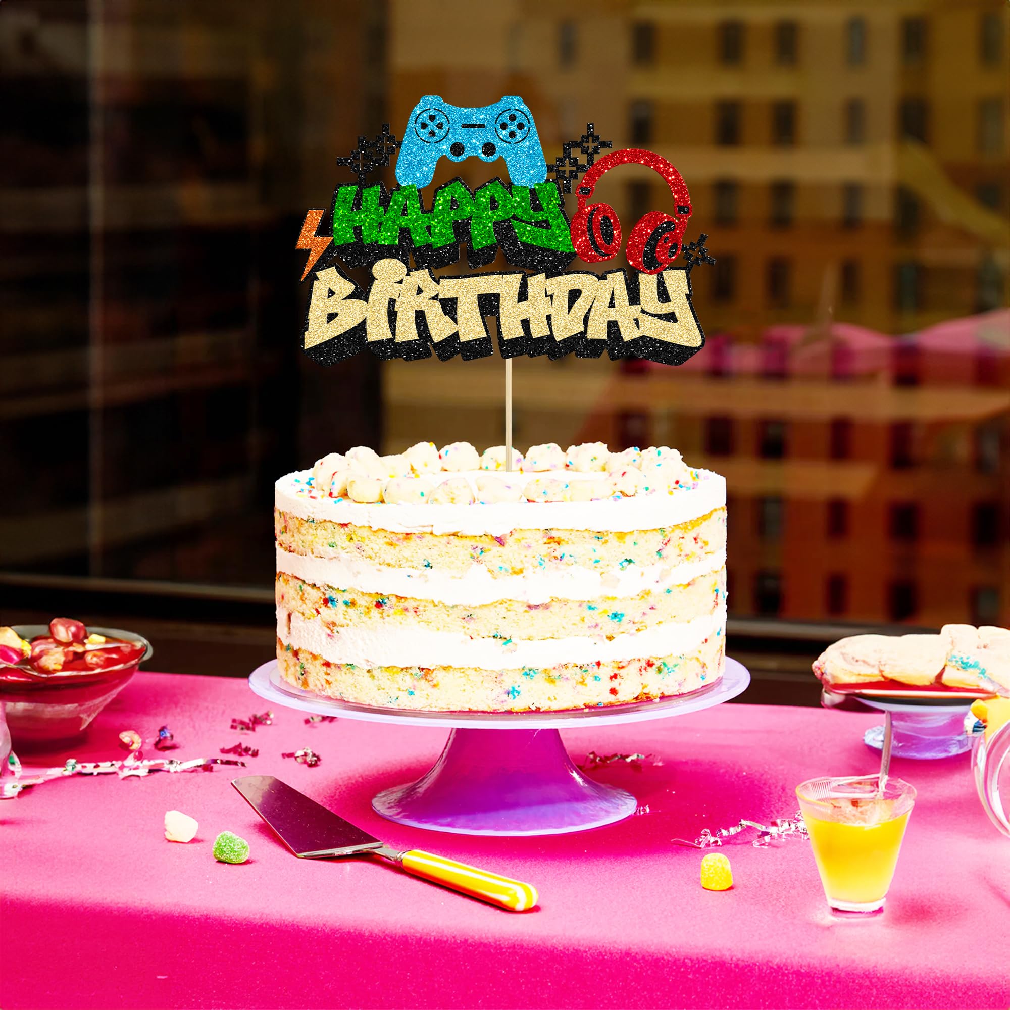 Gyufise 1Pcs Video Game Happy Birthday Cake Topper Glitter Video Game Cake Pick Game On Controllers GamePad Cake Decoration for Game Theme Baby Shower Kids Boys Girls Birthday Party Supplies 4