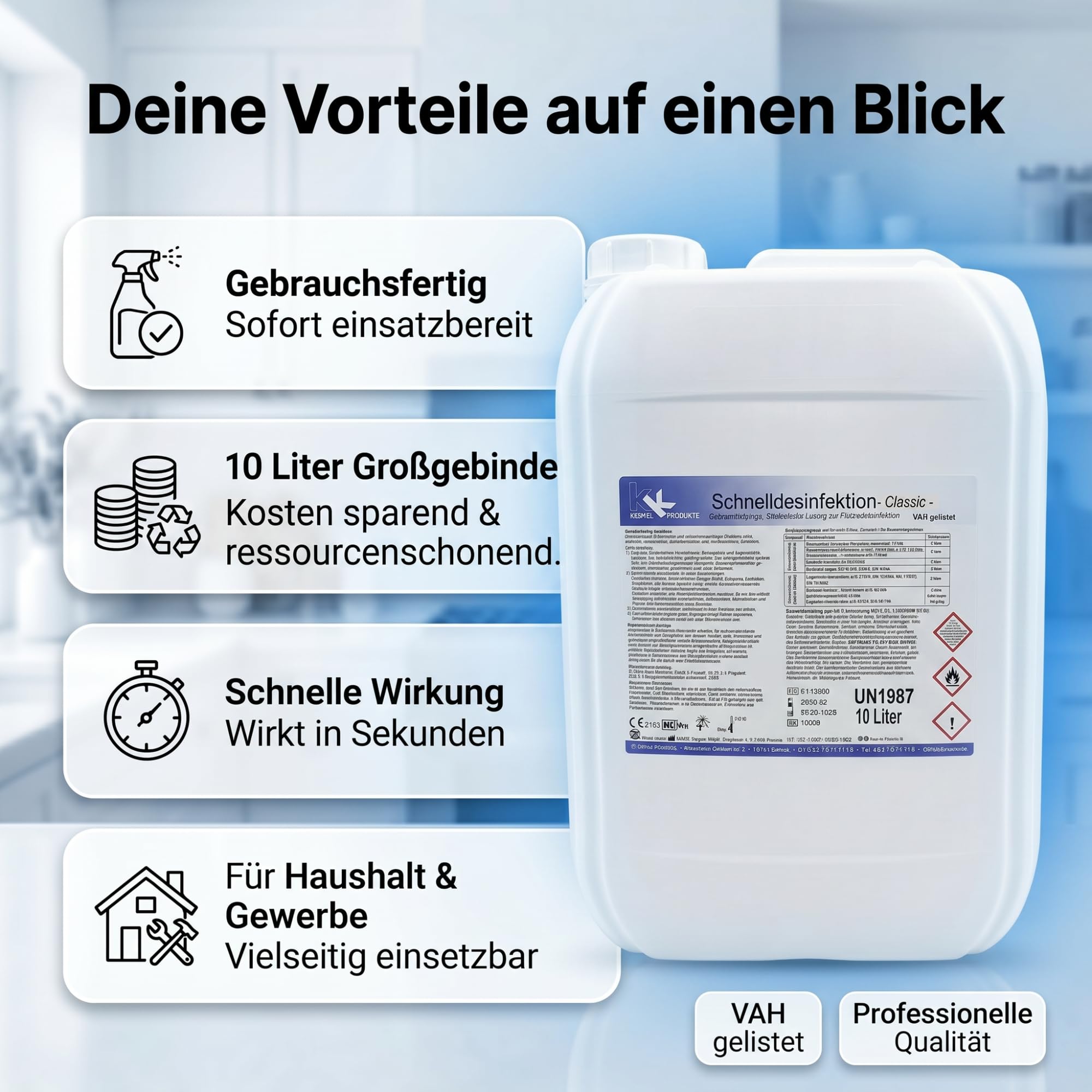 KK Schnelldesinfektion Duft CLASSIC - Hochwirksames Desinfektionsmittel für Oberflächen – Wirksam gegen Bakterien, Viren & Pilze – Ideal für Haushalt, Praxis&Gewerbe