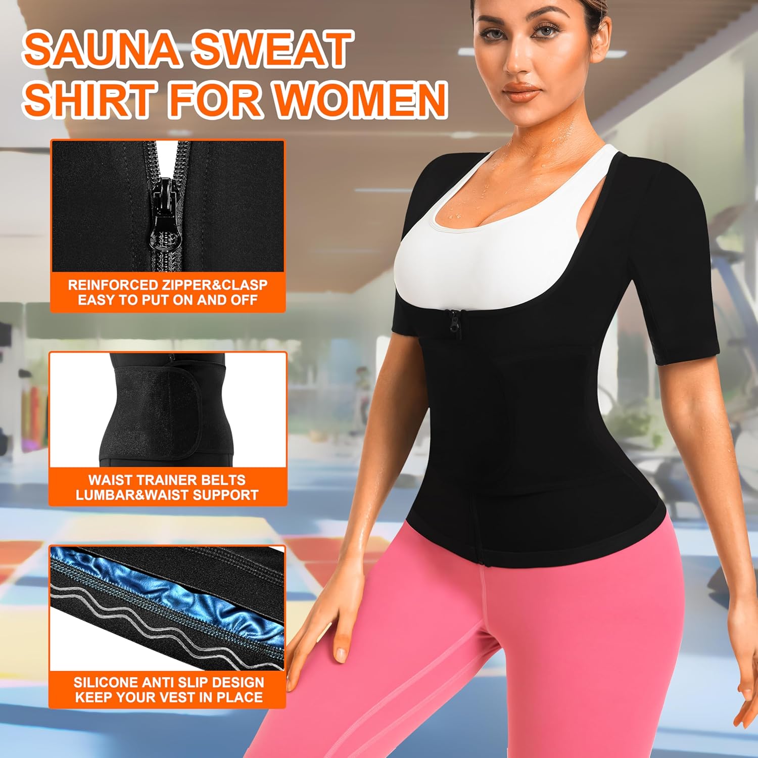 Sauna Shirt for Women Sauna Waist Trainer for Women Weight Loss Sauna Suit Workout Sauna Vest Zipper Body Shaper - Image 3